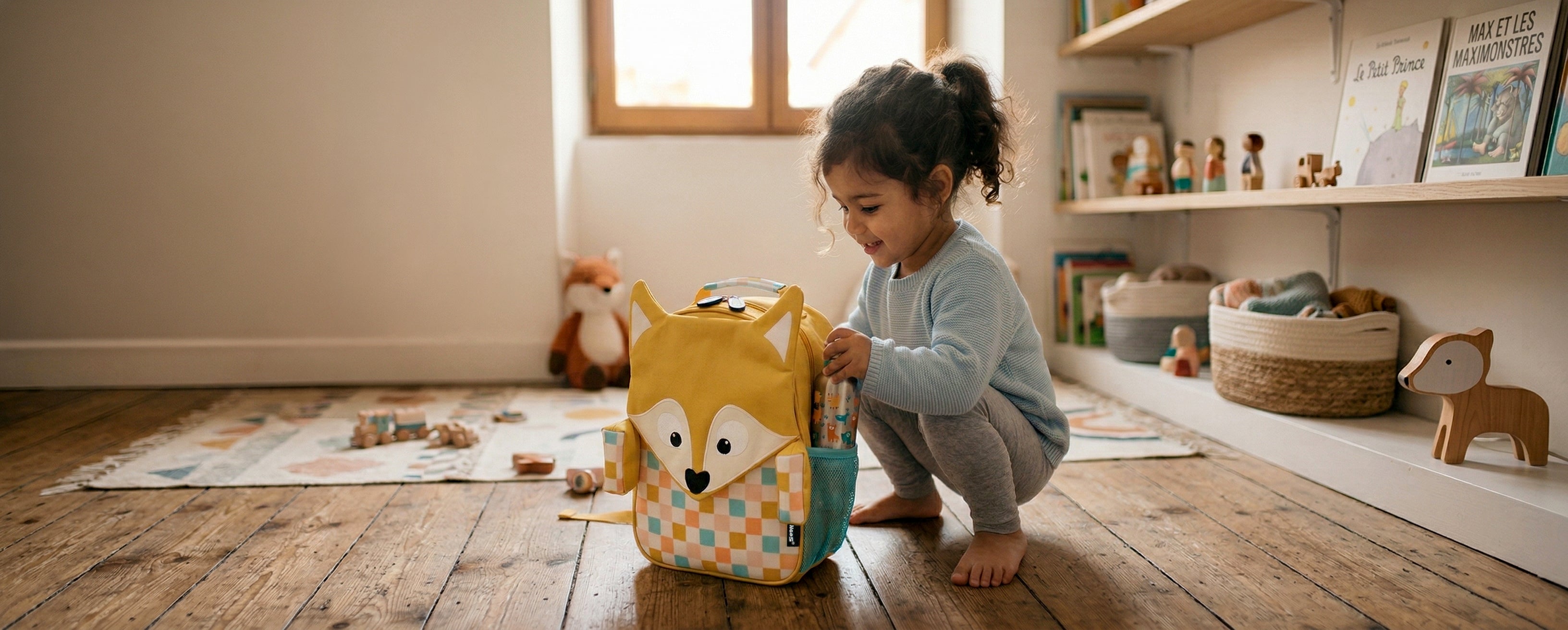 Comment favoriser l'autonomie de mon enfant en maternelle ? Visuel d'ambiance d'une petite fille de 3 ans en train de mettre sa gourde dans le filet de son sac à dos Cyranos le renard Les Déglingos