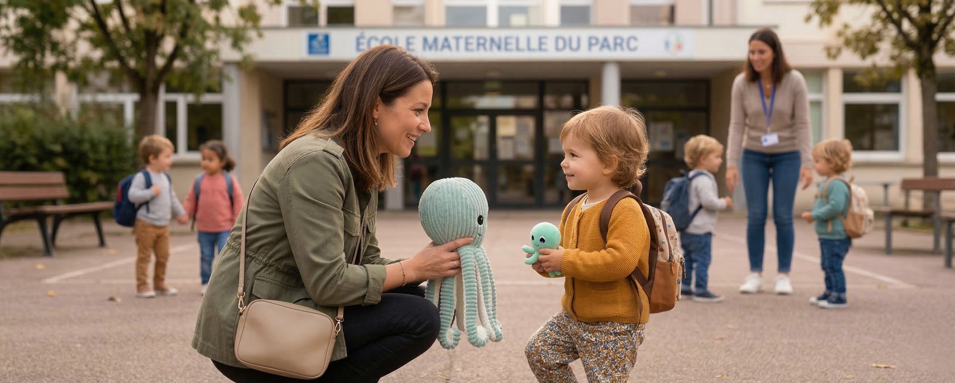 Comment fonctionne un doudou d’aide à la séparation ? Visuel d'ambiance d'une maman qui dépose son enfant de 3 ans à l'école avec leurs peluches Ptipotos d'aide à la séparation - Les Déglingos