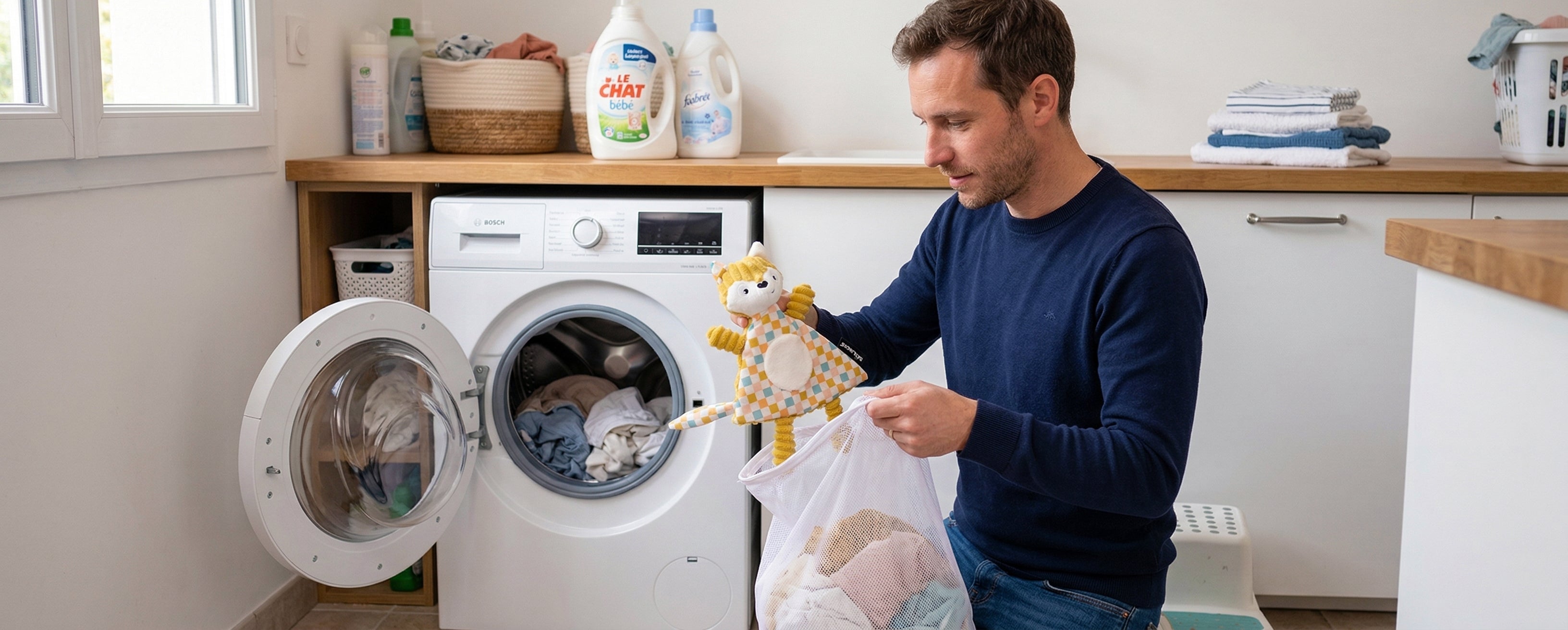 Comment et quand laver le doudou de bébé - photo d'un papa en train de mettre le doudou à la machine à laver - Les Déglingos
