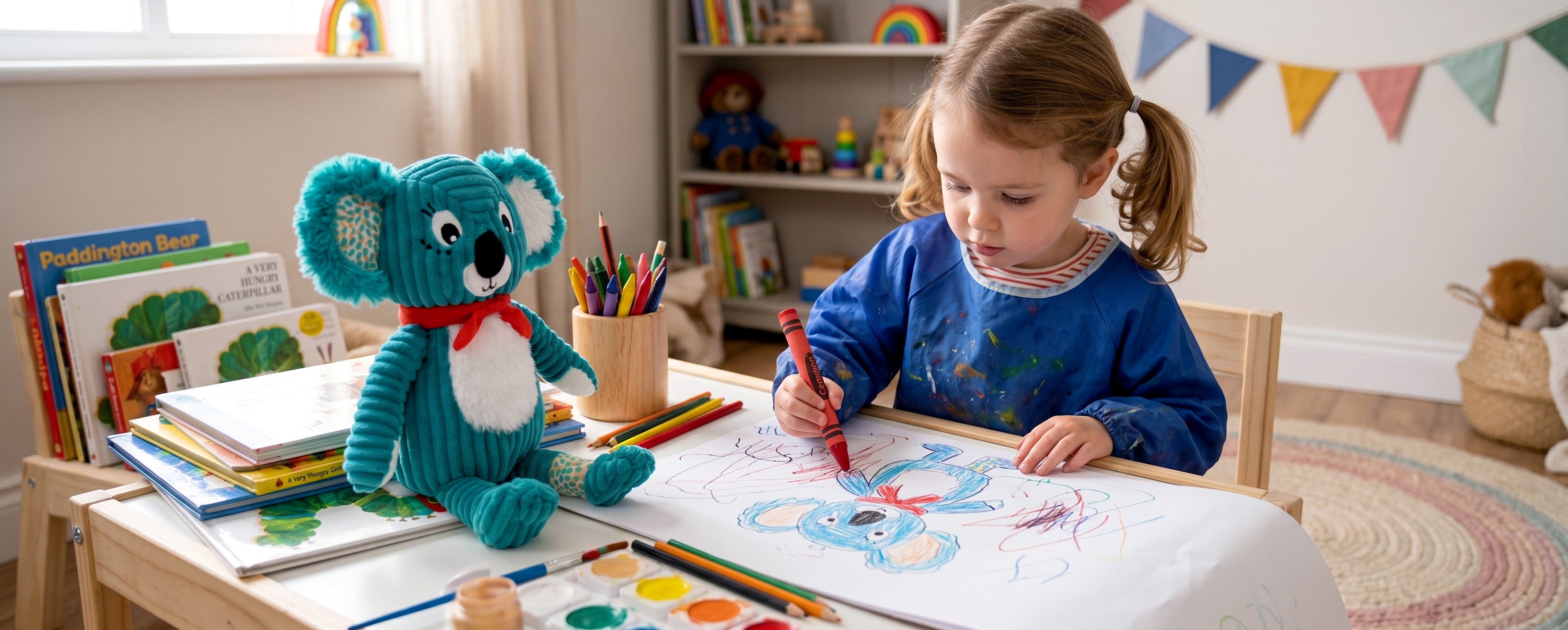 Comment occuper son enfant sans écran - visuel d'ambiance d'une petite fille en train de dessiner sa peluche Berlingos Déglingos - Les Déglingos