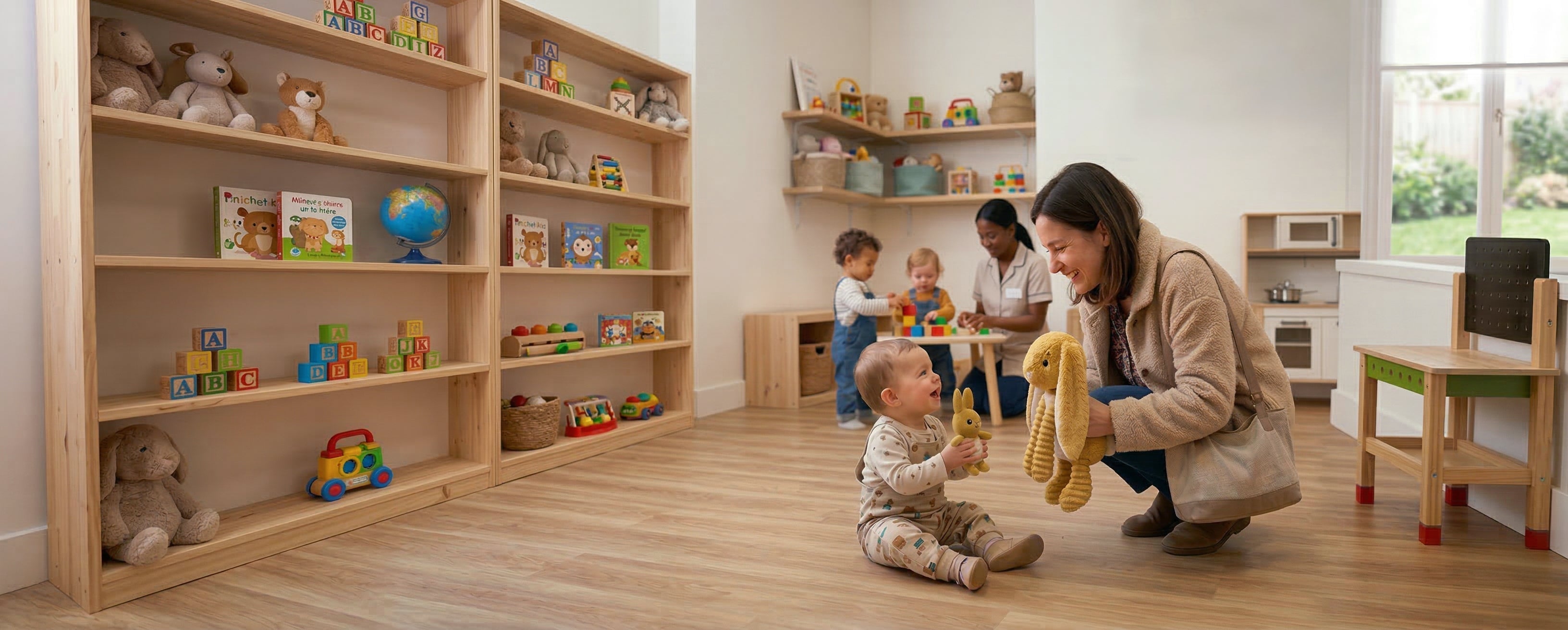 Conseils pour faciliter la séparation avec mon enfant le matin à la crèche - visuel d'un bébé de 1 an et de sa maman à la crèche - Les Déglingos