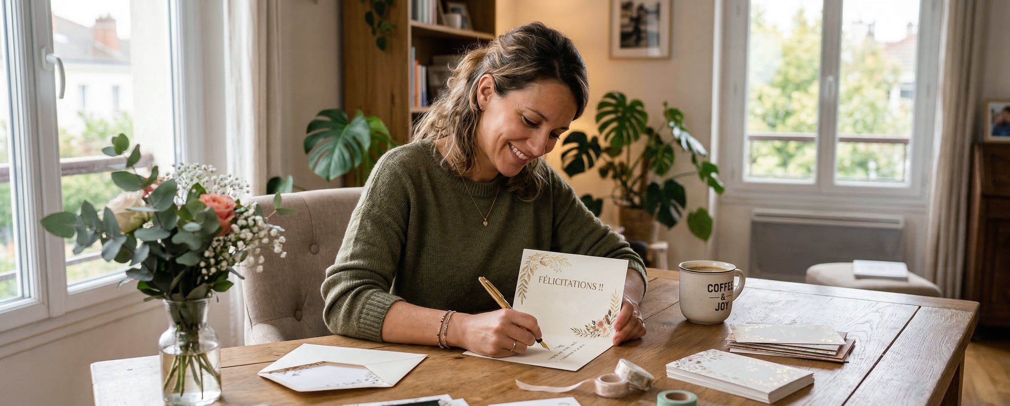 Idées de message pour accompagner un cadeau de naissance - Visuel d'ambiance d'une femme en train de rédiger une carte de félicitations - Les Déglingos