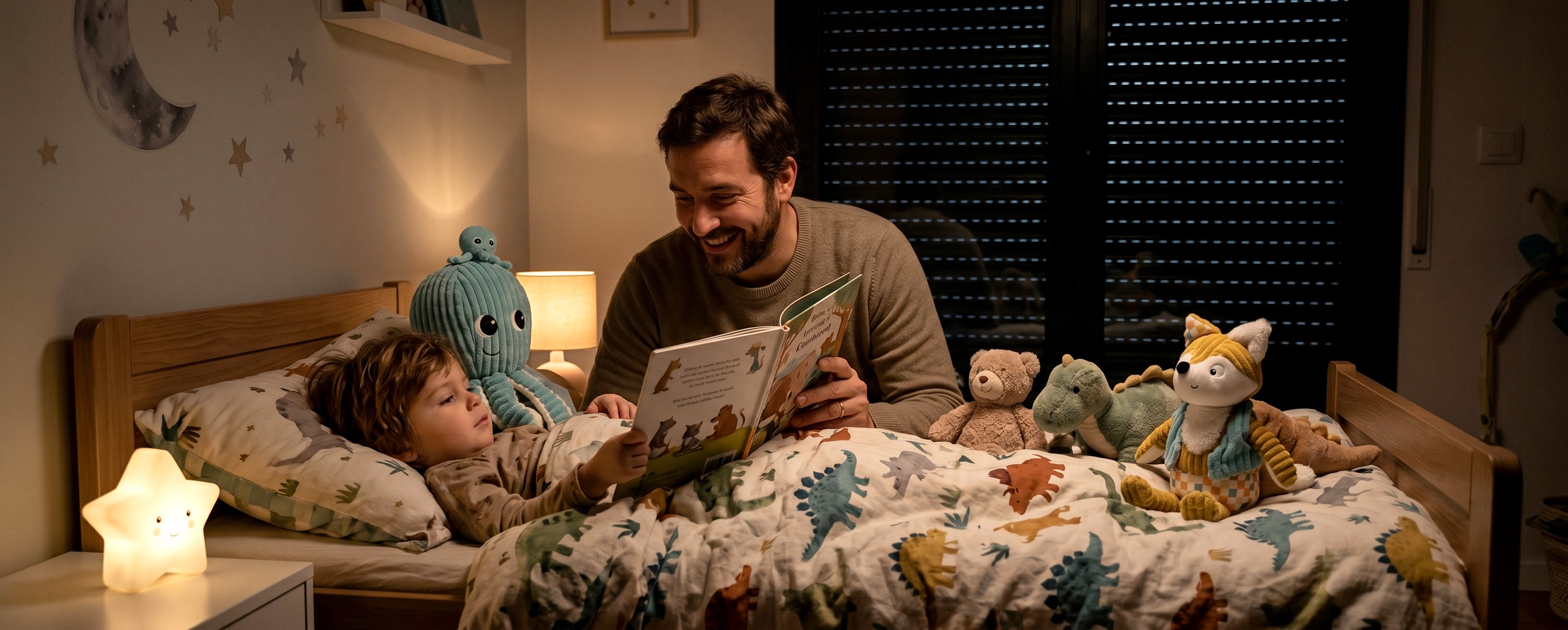 Rituels du coucher : comment apaiser mon enfant pour dormir - visuel d'ambiance d'un enfant dans son lit entouré de ses peluches et de son papa qui lui lit une histoire - Les Déglingos