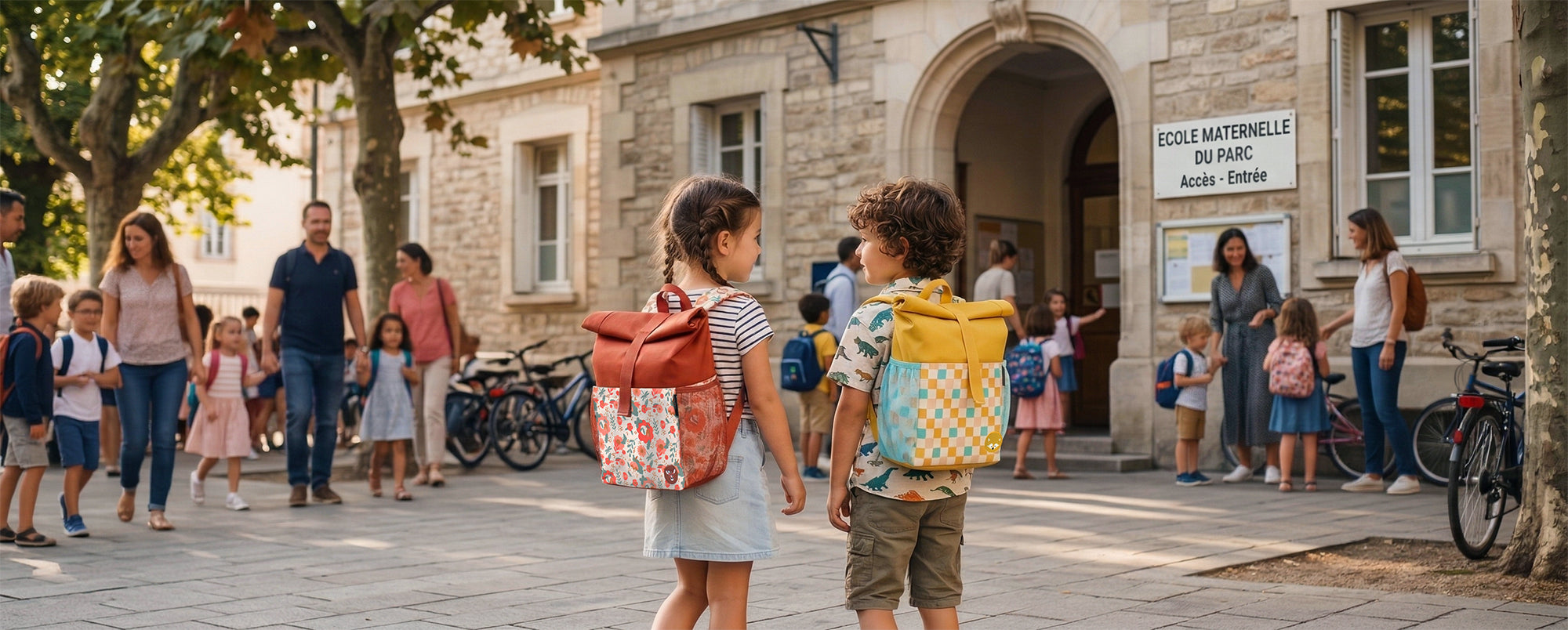 Collection sacs à dos Grande section maternelle (dès 5 ans) - visuel d'ambiance d'enfant portant les sacs à dos rolltop devant leur école maternelle - Les Déglingos