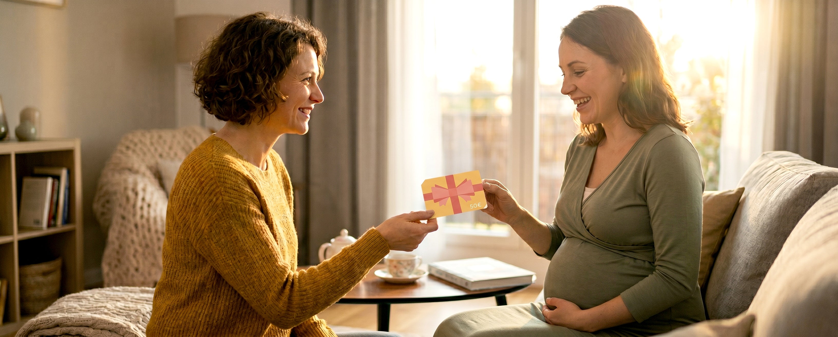 Collection cartes-cadeaux - Visuel d'ambiance d'une femme offrant une carte-cadeau Déglingos à une femme enceinte - Les Déglingos