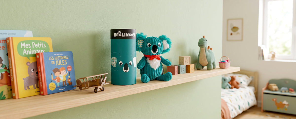 Collection Petit Simply - visuel d'ambiance d'un petit simply avec sa boîte posée sur une étagère de chambre d'enfant - Les Déglingos