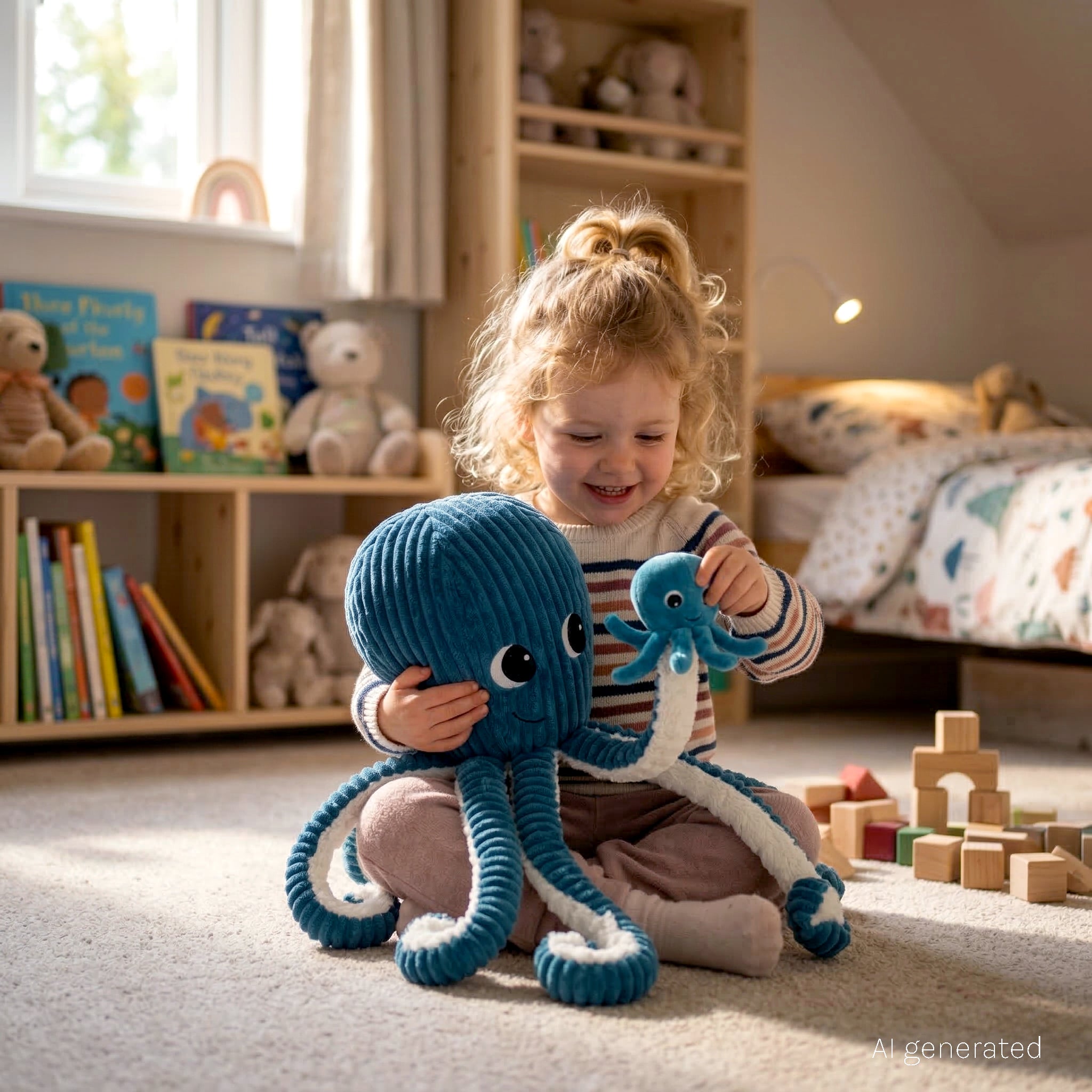 Peluche pieuvre Filou maman et son bébé bleu - visuel d'ambiance d'une petite fille jouant avec la pieuvre dans sa chambre - Les Ptipotos