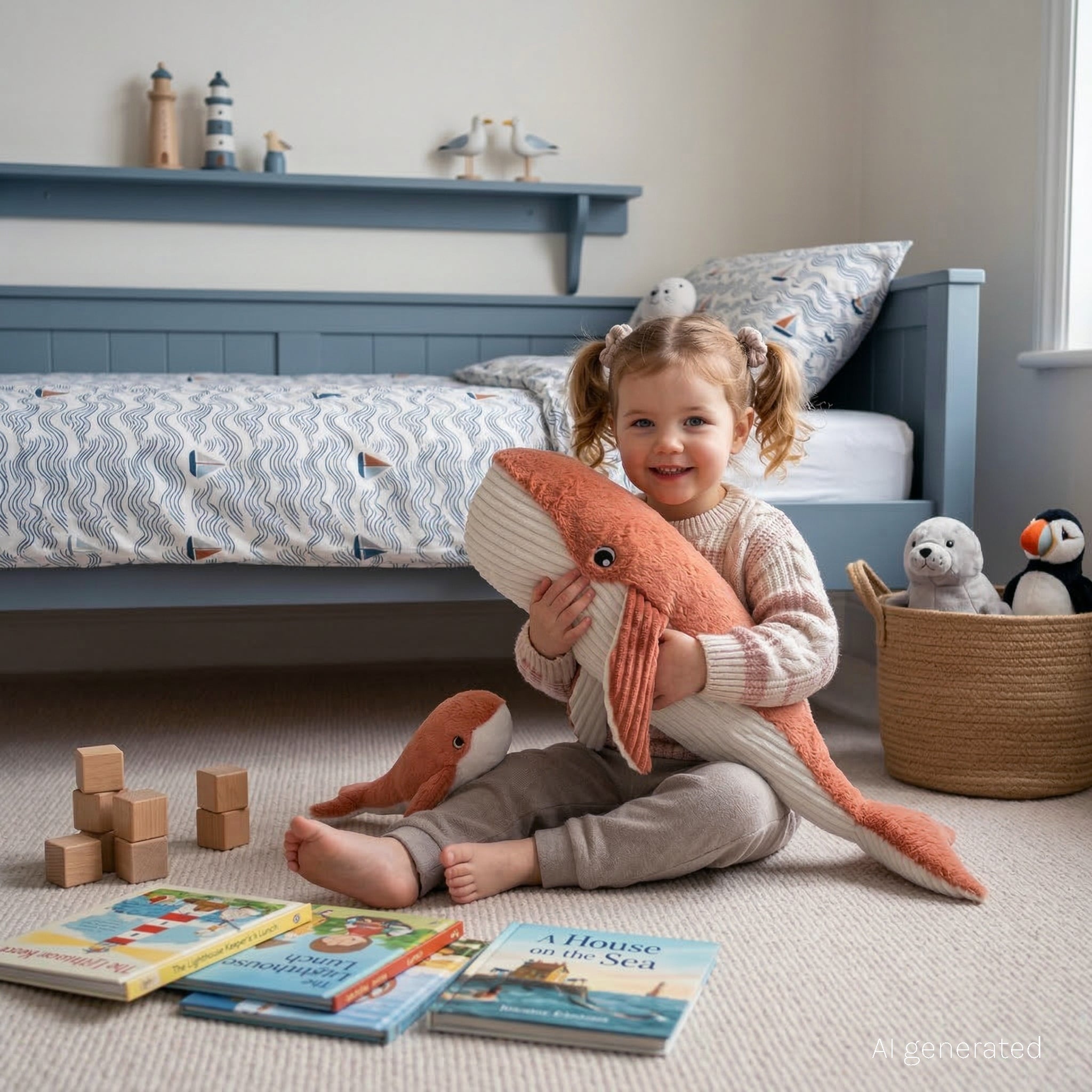 Peluche Gravillou la baleine maman et son bébé Terracotta - visuel d'ambiance d'une petite fille en train de jouer avec la baleine dans sa chambre - Les Ptipotos
