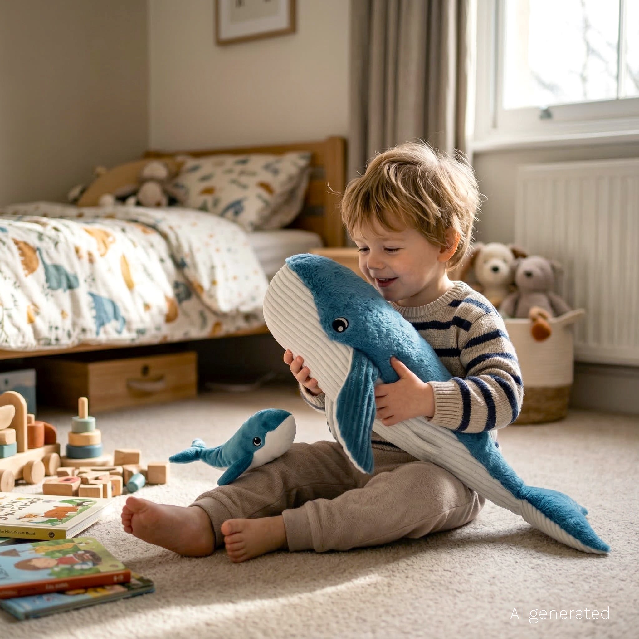 Peluche Gravillou la baleine maman et son bébé Bleu - visuel d'ambiance d'un petit garçon jouant avec la baleine et son bébé dans sa chambre - Les Ptipotos