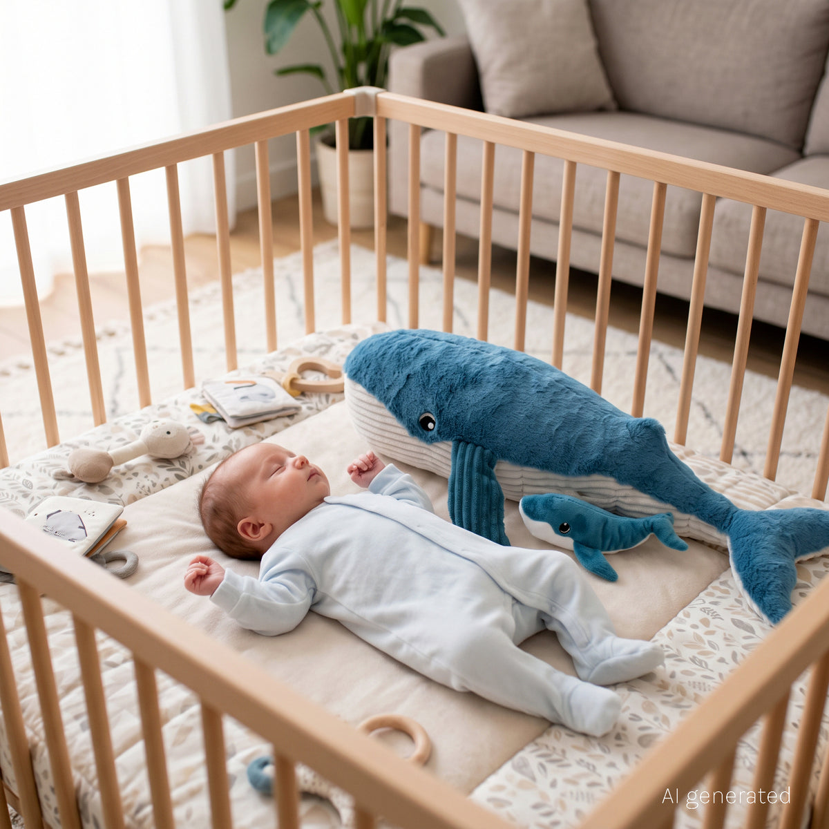 Visuel d'ambiance d'un nouveau-né en train de dormir dans son parc à côté de la peluche baleine maman et son bébé Les Ptipotos