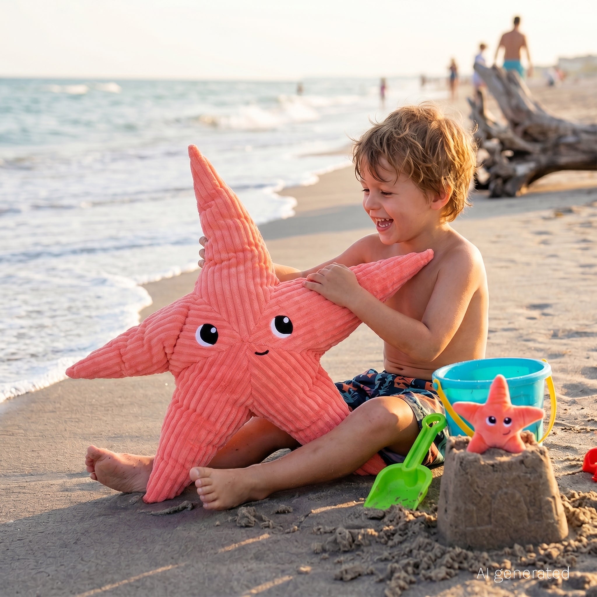 Peluche étoile de mer Wahou maman et son bébé corail - visuel d'ambiance d'un garçon de 5 ans en train de jouer avec sa peluche étoile de mer sur la plage - Les Ptipotos
