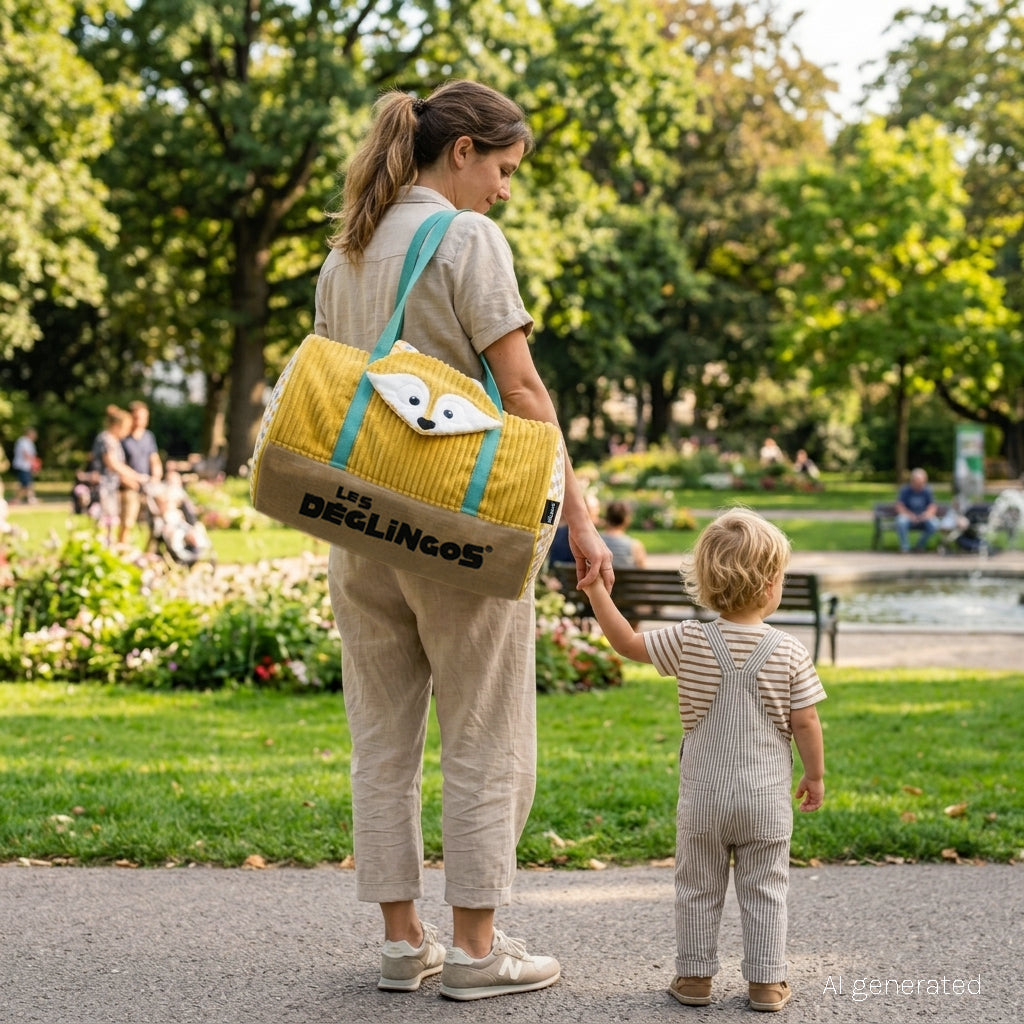 Sac weekend Cyranos le renard - visuel d'ambiance d'une maman portant le sac weekend et se promenant avec son petit garçon dans un parc - Les Déglingos