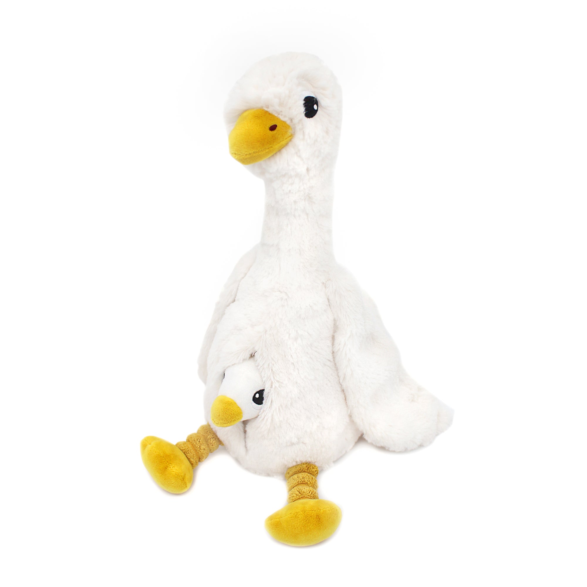 Peluche oie Jébongou maman et son bébé blanc -vue avec le bébé dans le ventre de la maman - Les Ptipotos