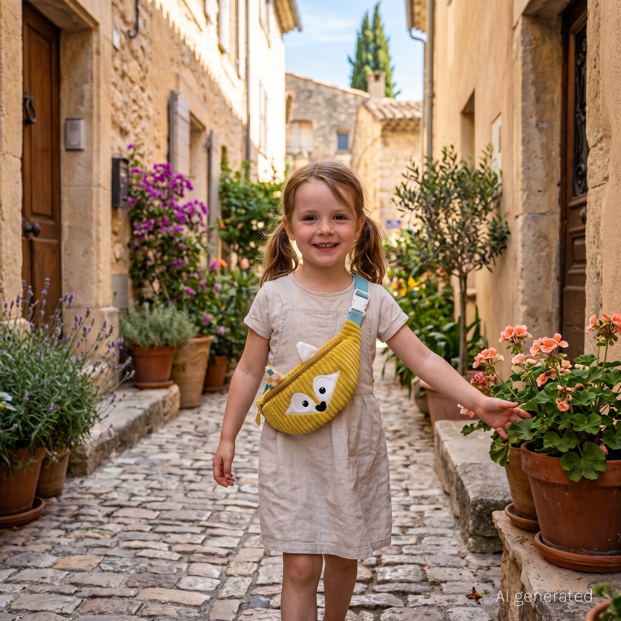Sac banane Cyranos le renard - photo d'ambiance d'une petite fille portant le sac banane dans une ruelle d'un petit village du sud de la France - Les Déglingos