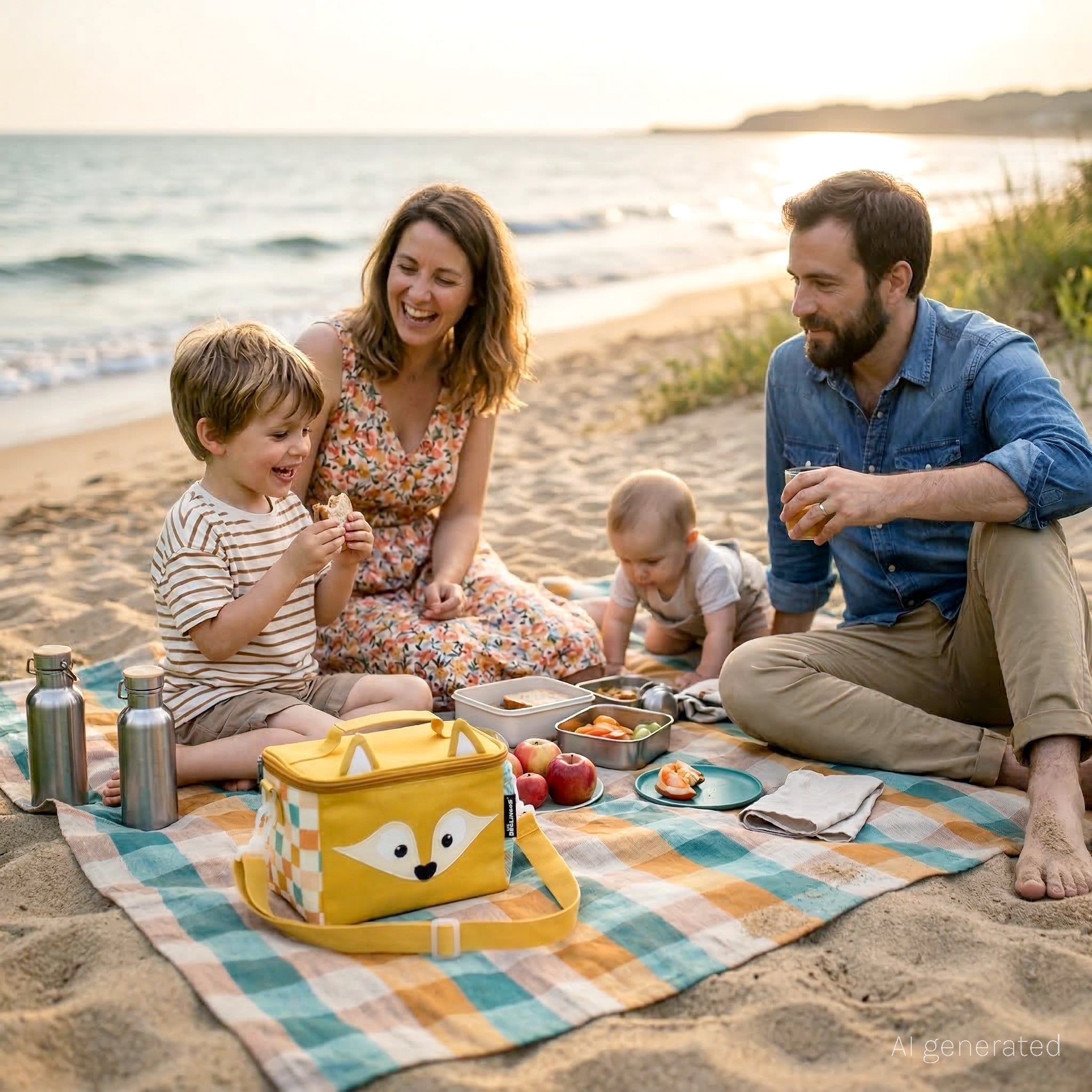 Sac isotherme lunch bag Cyranos le renard - visuel d'ambiance d'une famille qui pique-nique sur la plage avec le lunch bag - Les Déglingos