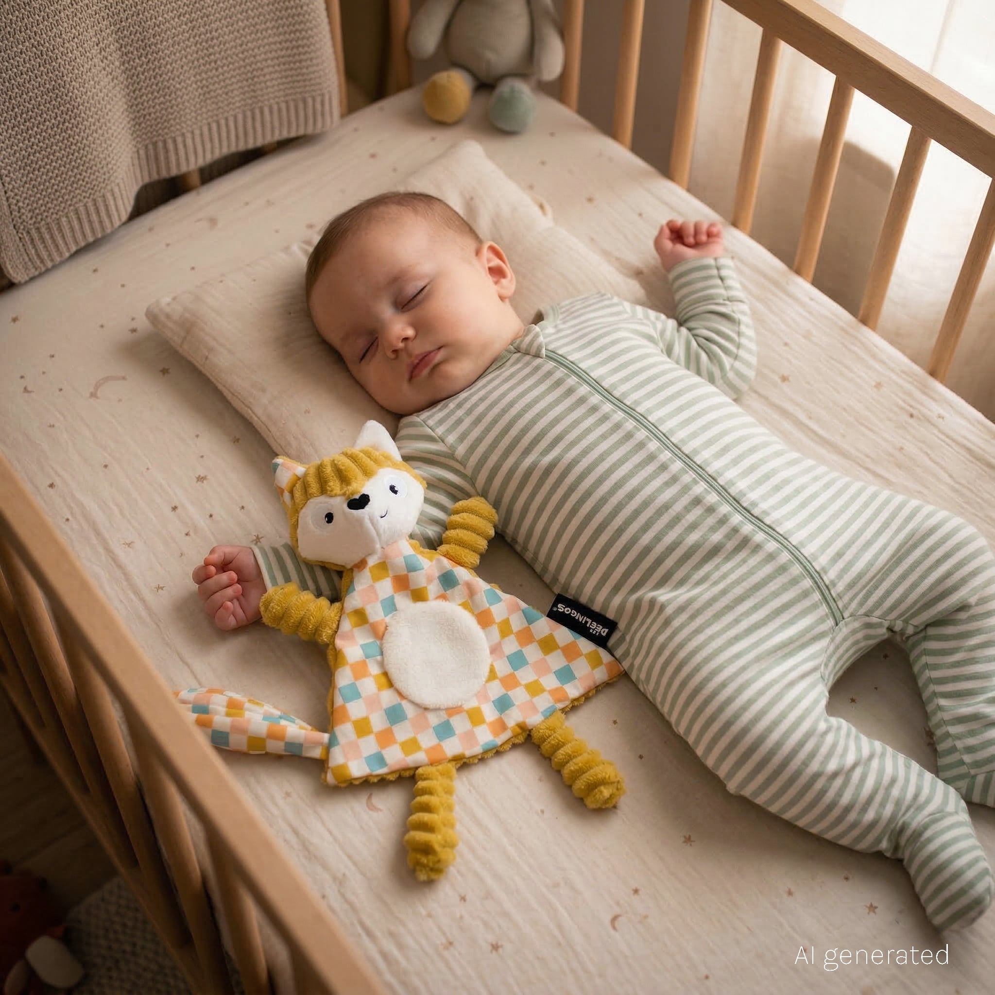 Doudou baby Cyranos le renard - visuel d'ambiance d'un bébé dans son lit avec le doudou - Les Déglingos