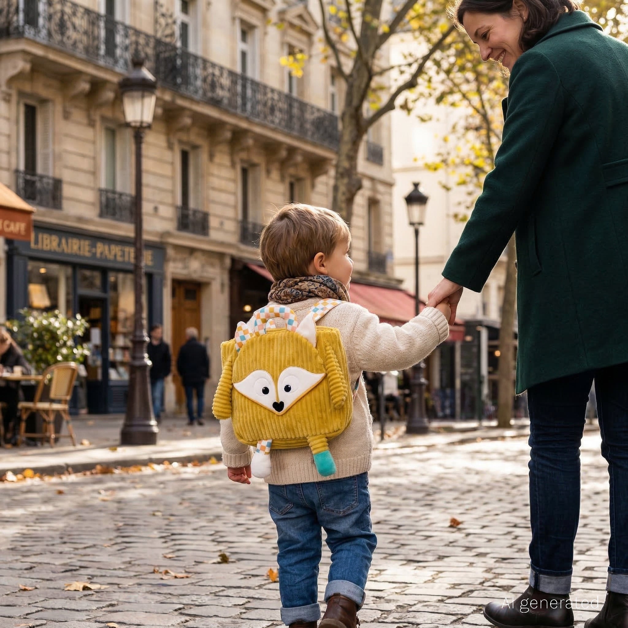 Sac à dos velours côtelé Cyranos le renard - photo du sac à dos velours porté par un petit garçon qui tient la main à sa maman dans une rue parisienne - Les Déglingos