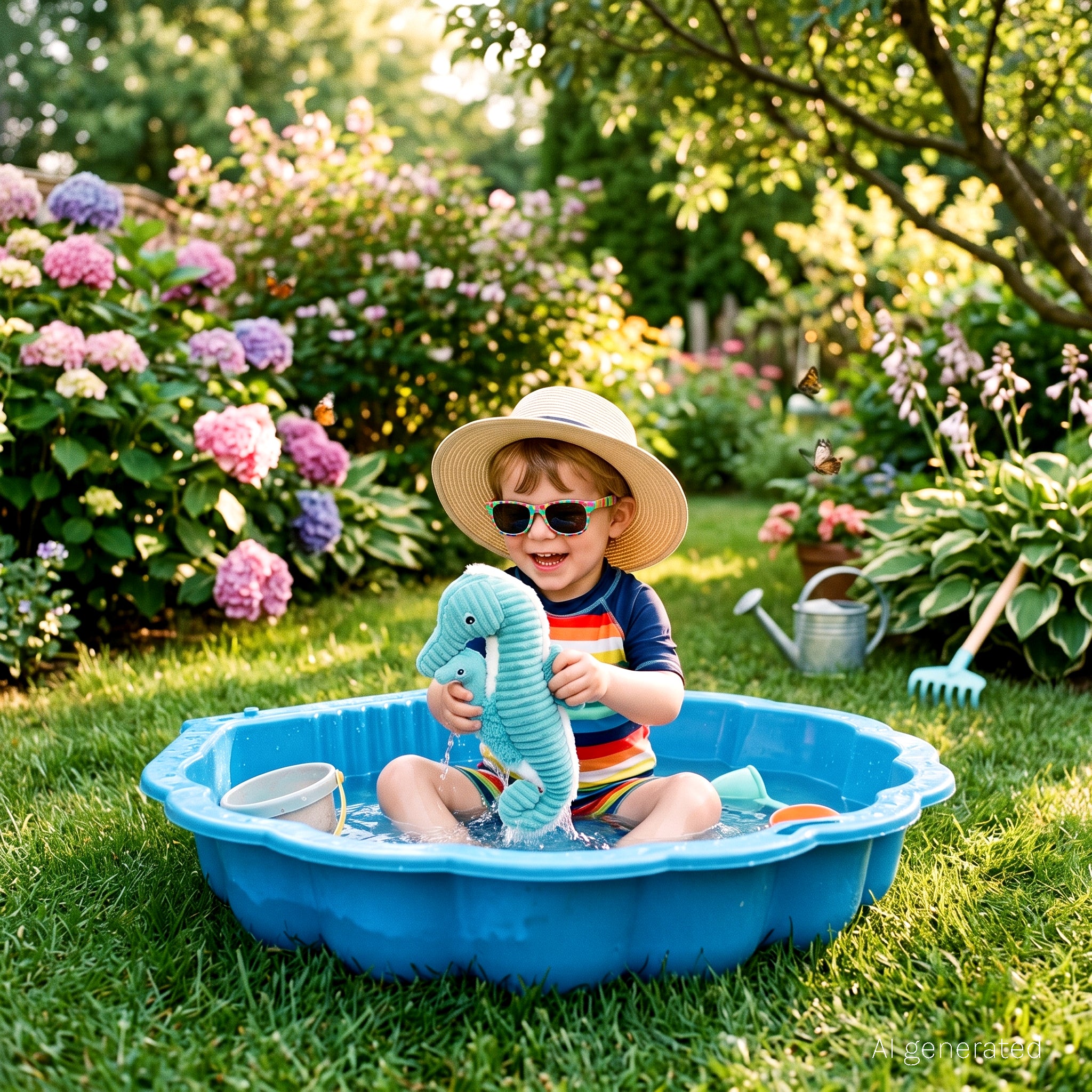 Peluche hippocampe Papadou papa et son bébé bleu aqua - visuel d'ambiance d'un petit garçon jouant dans un bac à eau avec sa peluche dans son jardin - Les Ptipotos