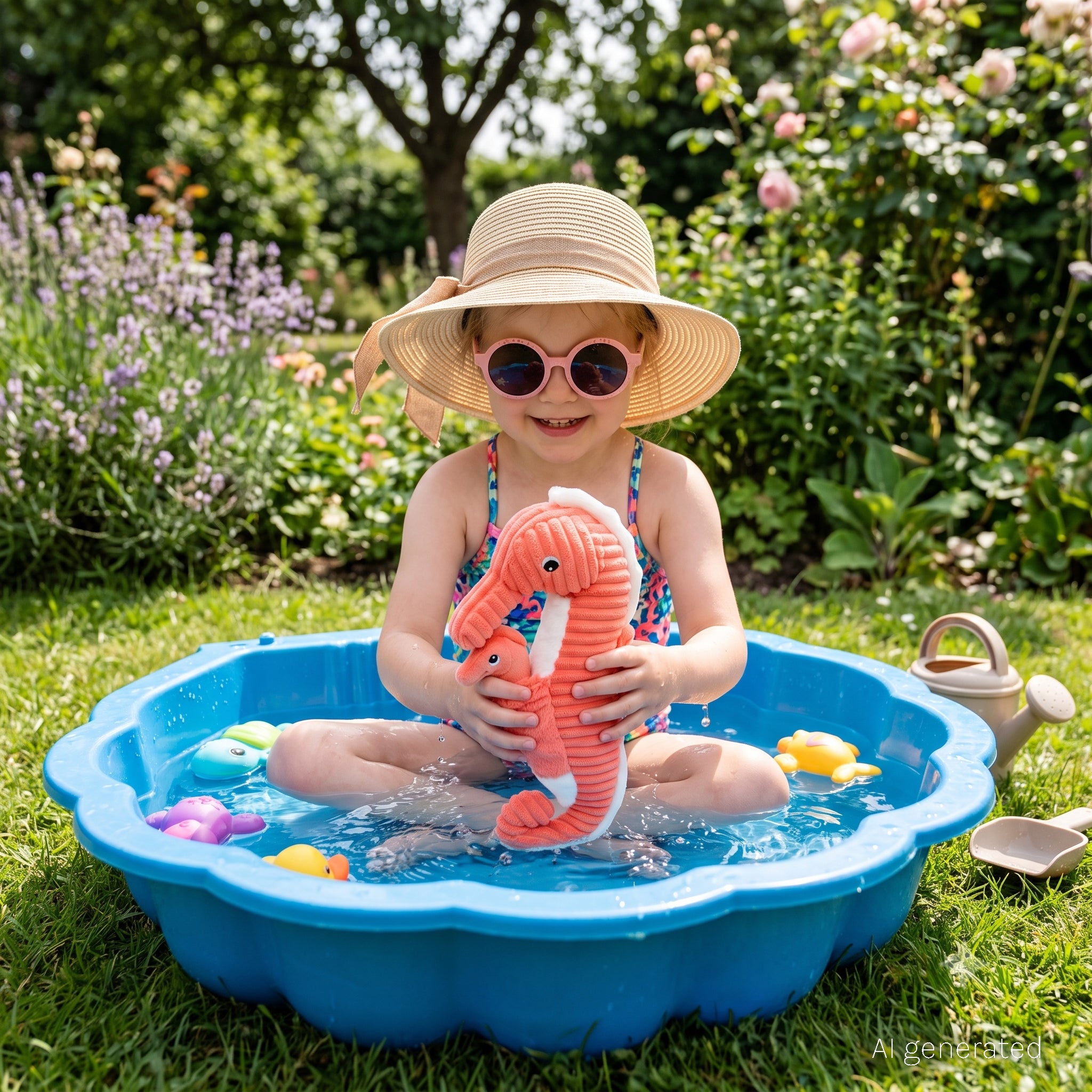 Peluche hippocampe Papadou papa et son bébé corail - visuel d'ambiance d'une petite fille jouant dans un bac à eau dans son jardin avec la peluche - Les Ptipotos