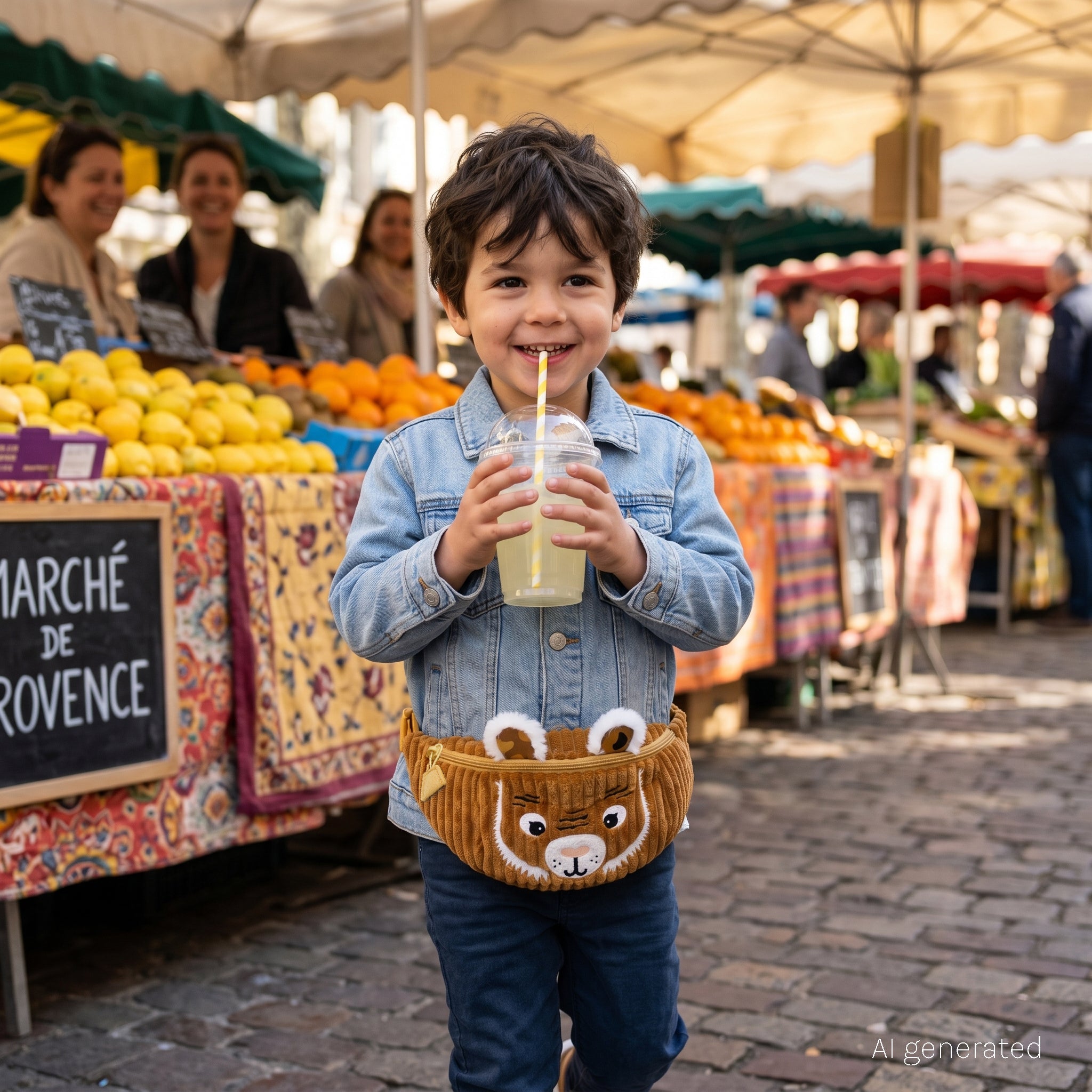 Sac banane en velours côtelé Spéculos le tigre - visuel d'ambiance d'un enfant portant le sac banane tigre au milieu d'un marché et buvant une citronnade - Les Déglingos