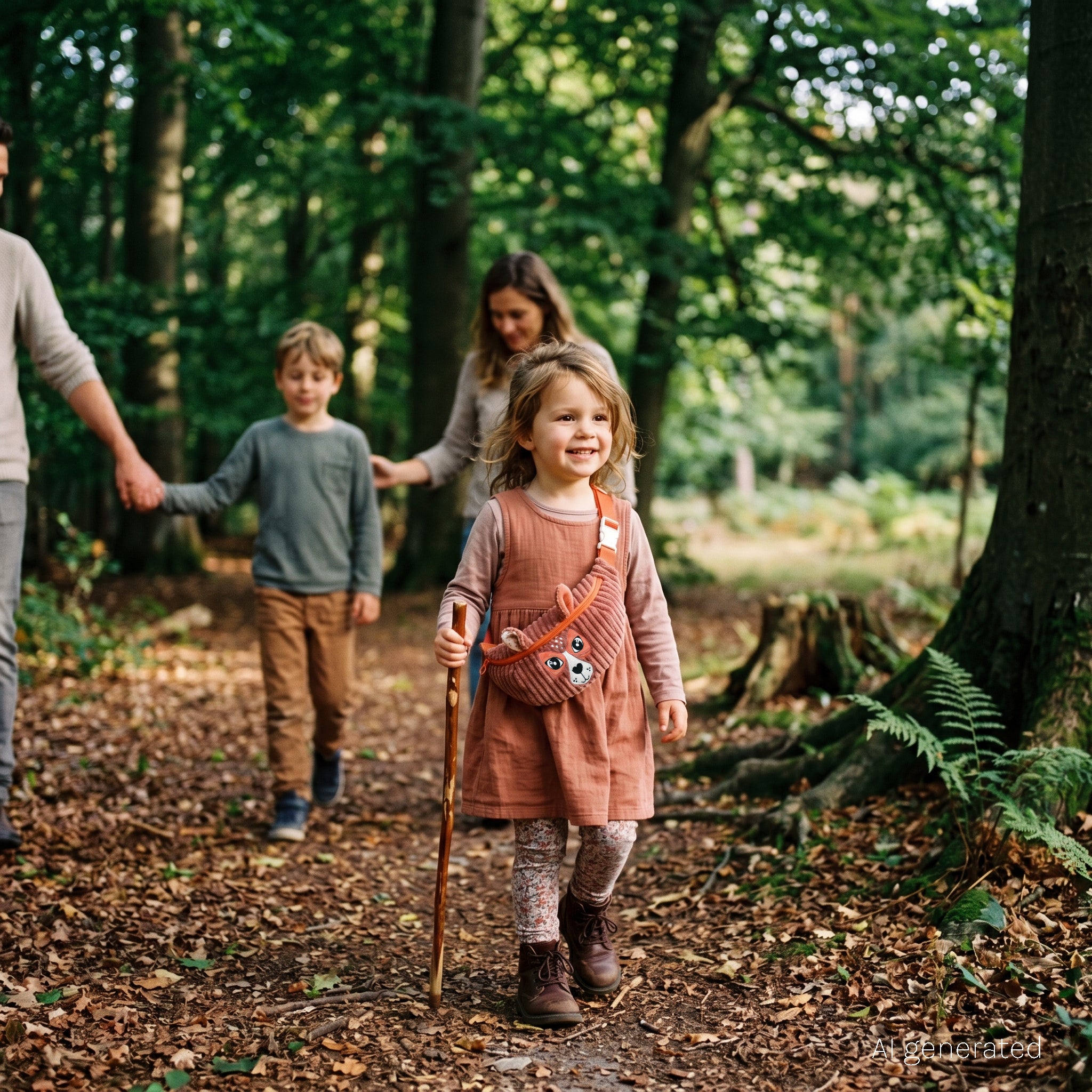Visuel d'ambiance d'une petite fille portant le sac banane en velours côtelé Mélimélos la biche en promenade en forêt avec sa famille - Les Déglingos