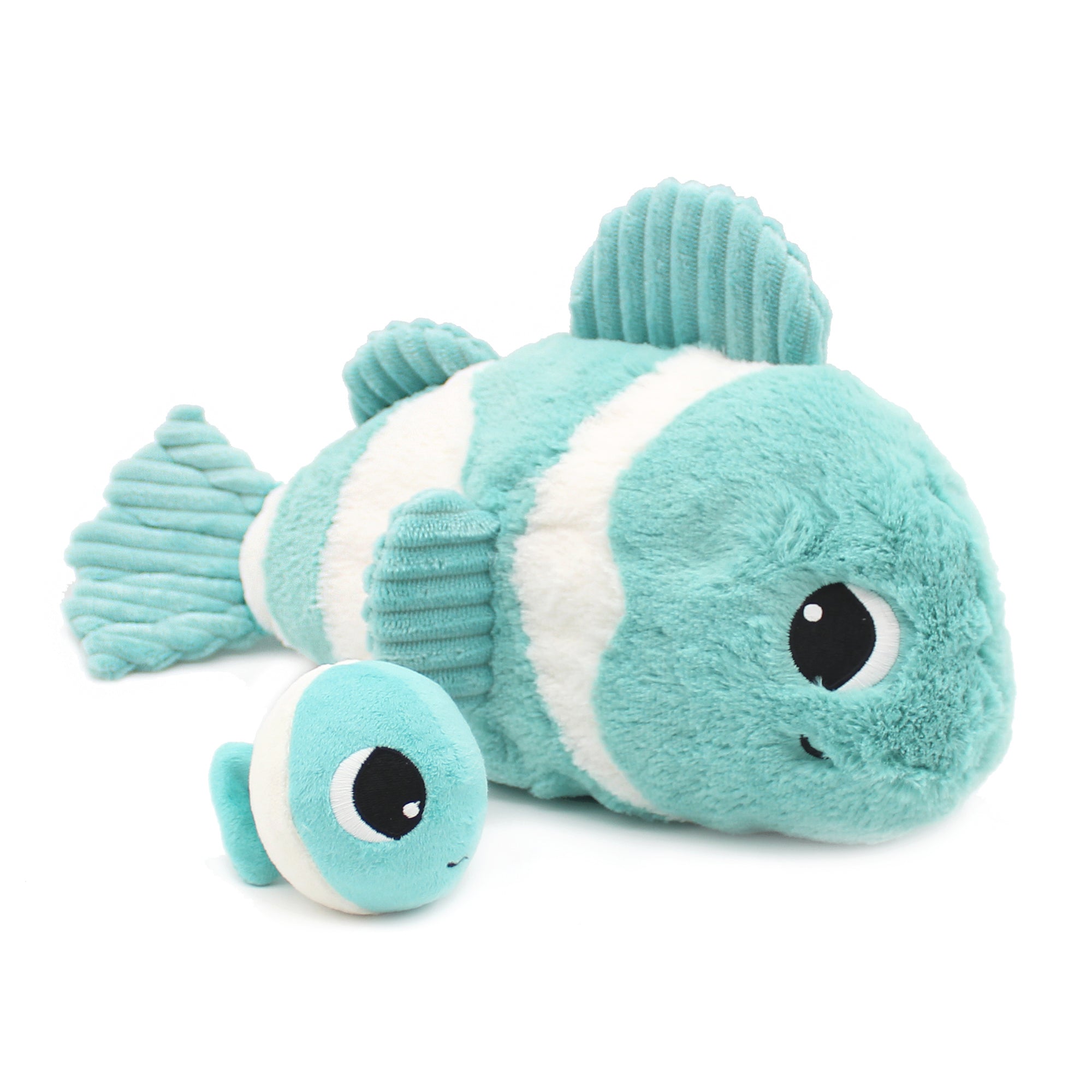 Peluche poisson-clown Bigou maman et son bébé bleu aqua - Vue de profil de la maman et du bébé poisson-clown - Les Ptipotos