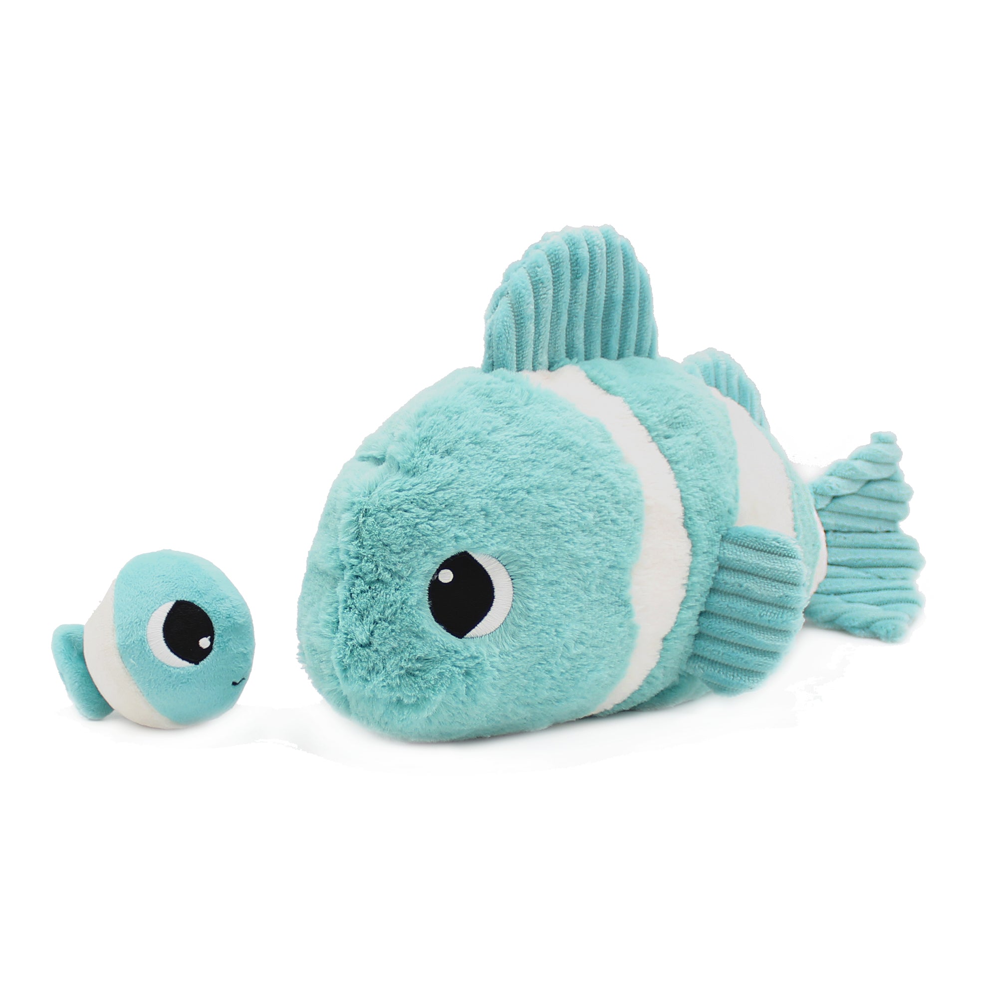 Peluche poisson-clown Bigou maman et son bébé bleu aqua - Vue du bébé et de la maman poisson-clown - Les Ptipotos