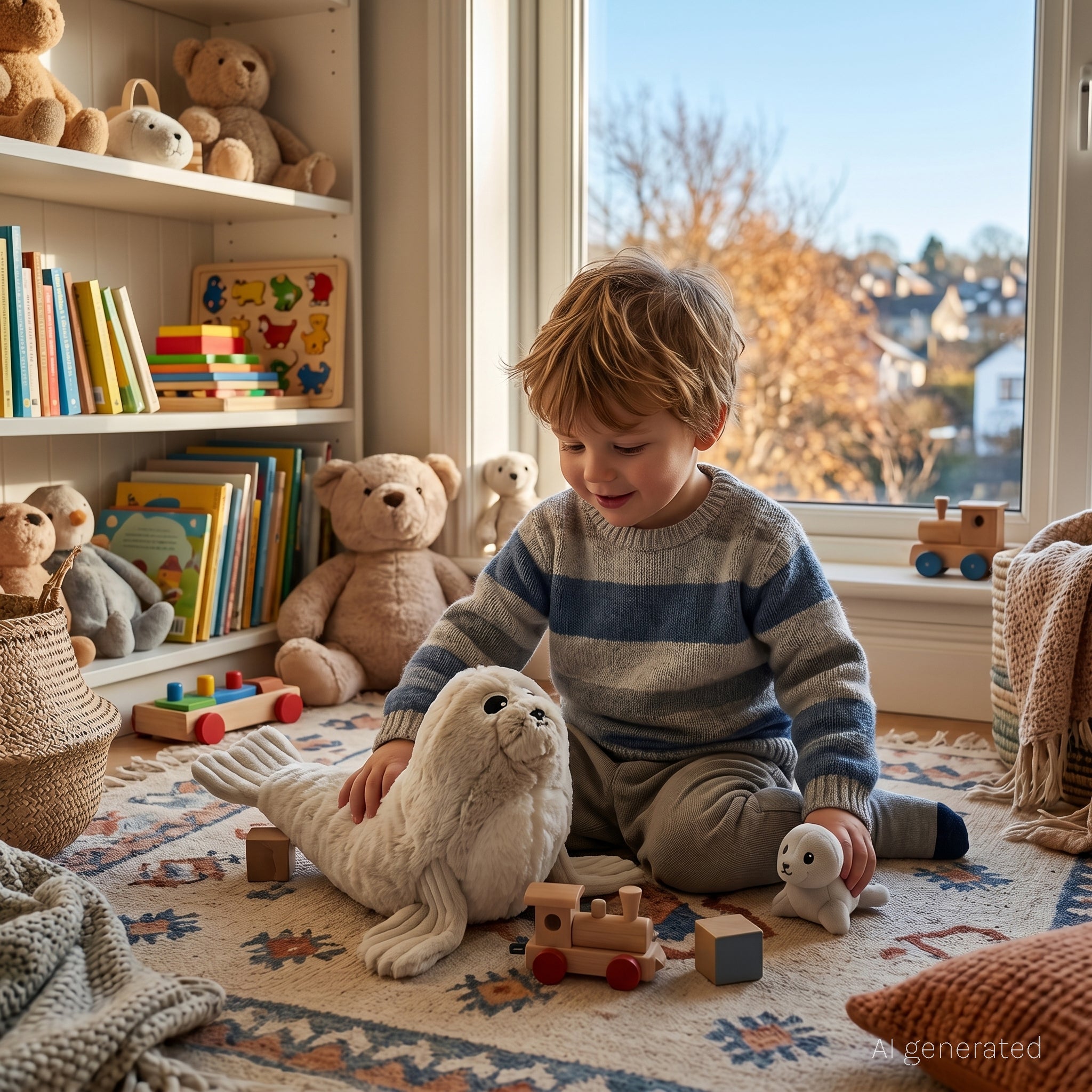 Peluche otarie Ploufou maman et son bébé gris clair - Visuel d'ambiance d'un enfant de 3 ans en train de jouer avec la peluche otarie dans une salle de jeux cosy - Les Ptipotos