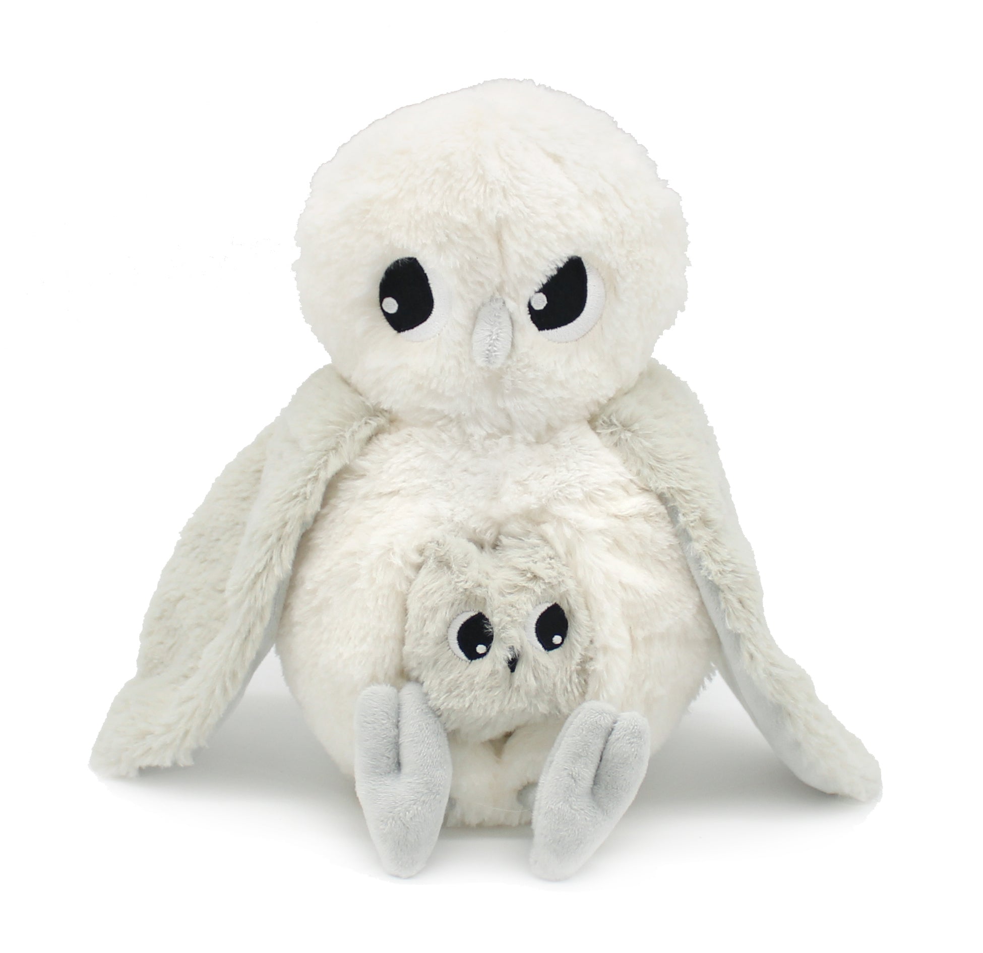 Peluche chouette polaire Coucou maman et son bébé gris clair - Vue de face du bébé dans le ventre de la maman chouette - Les Ptipotos