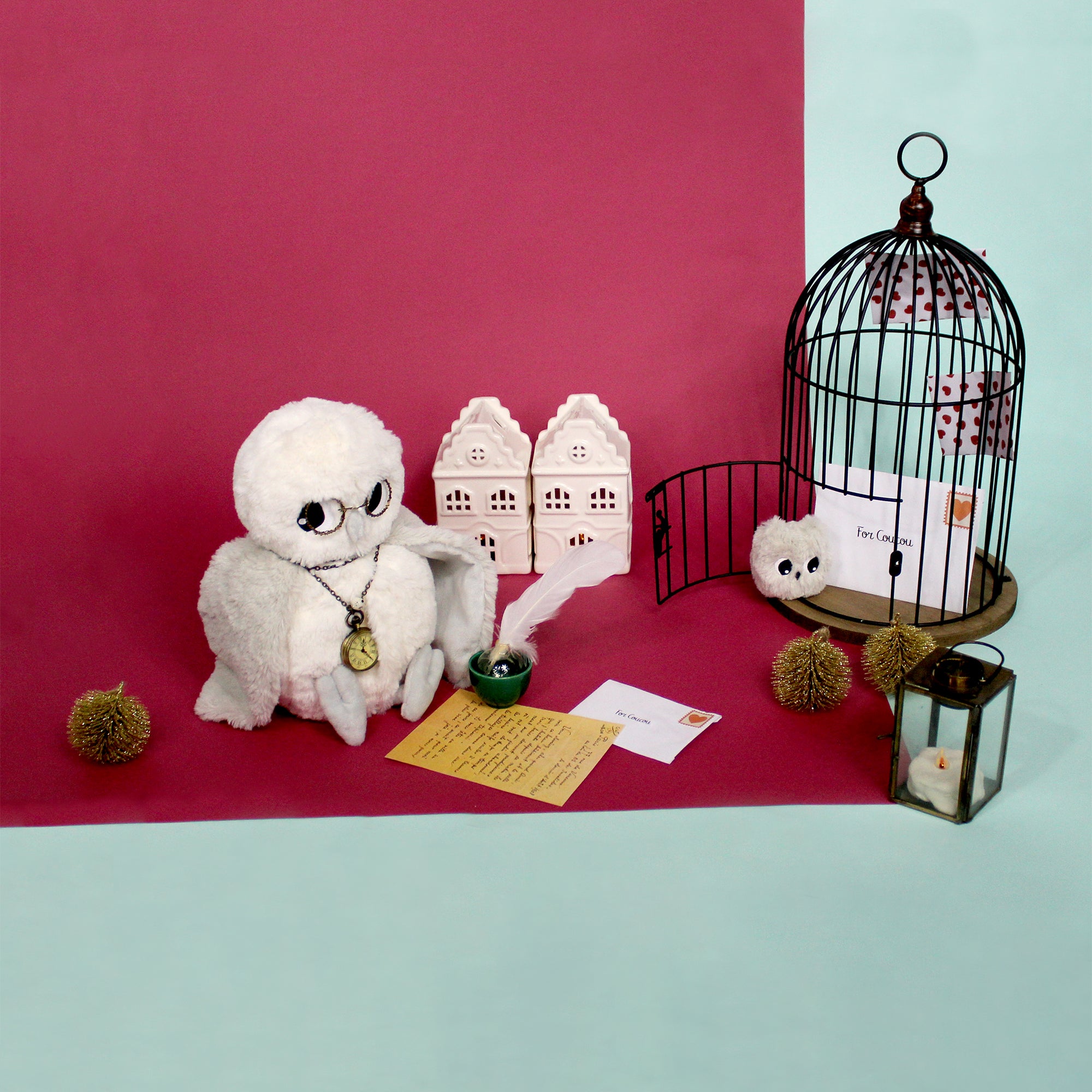 Peluche chouette polaire Coucou maman et son bébé gris clair - Visuel d'ambiance de la maman et du bébé chouette - Les Ptipotos