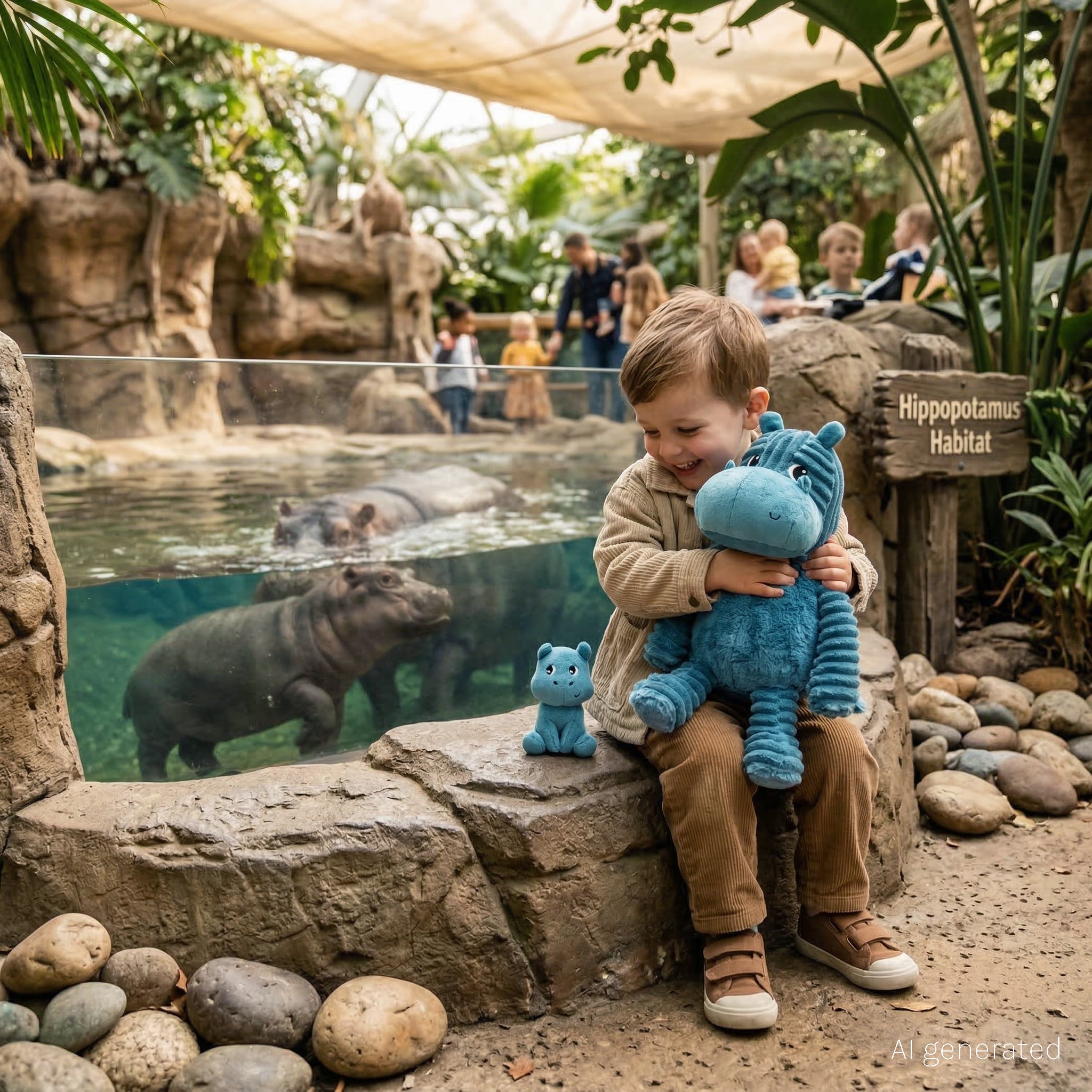 Peluche hippopotame Bibou maman et son bébé bleu - Visuel d'ambiance d'un enfant jouant avec la peluche hippopotame dans un zoo - Les Ptipotos