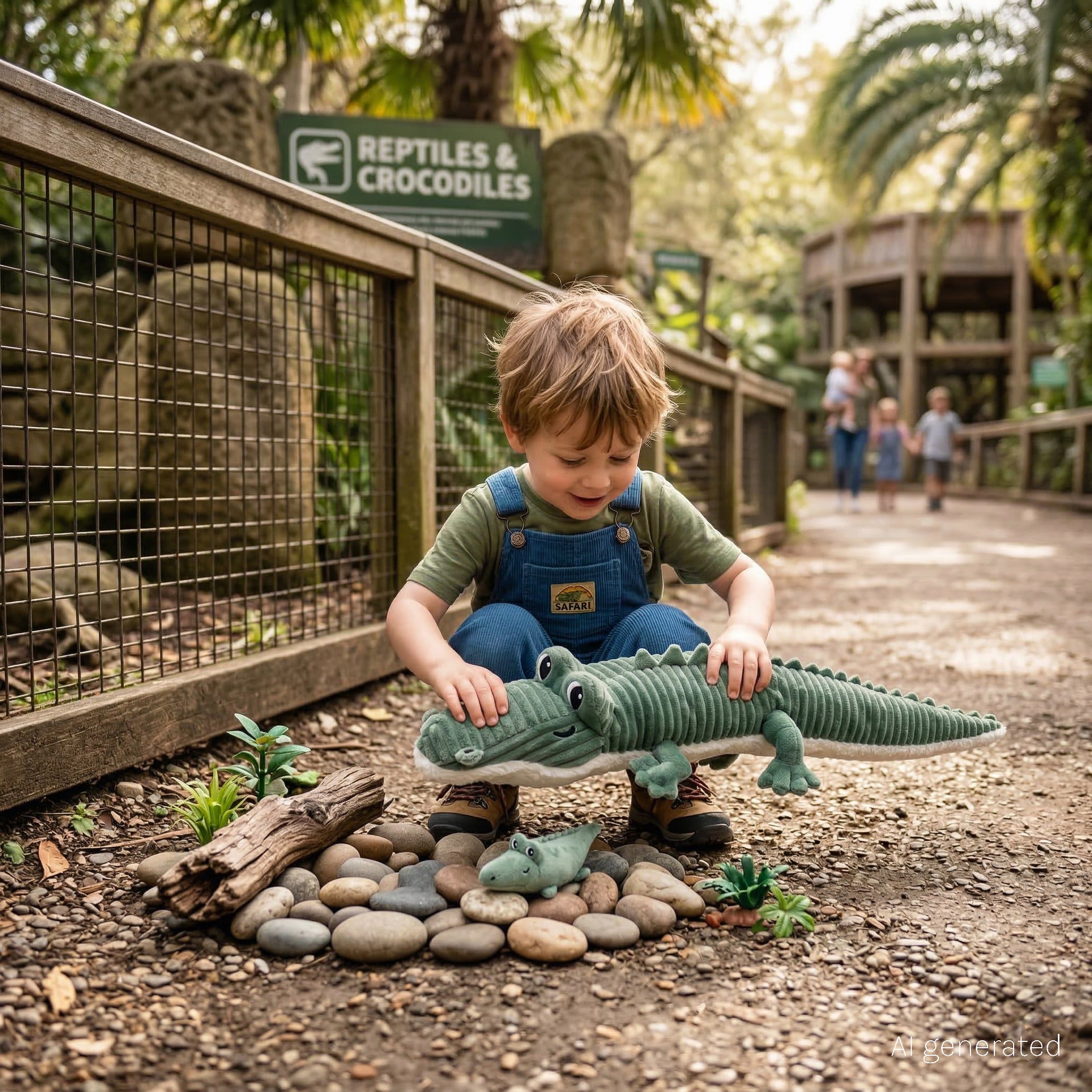 Peluche crocodile Croketou maman et son bébé vert - Visuel d'ambiance d'un petit garçon au zoo jouant avec sa peluche crocodile - Les Ptipotos