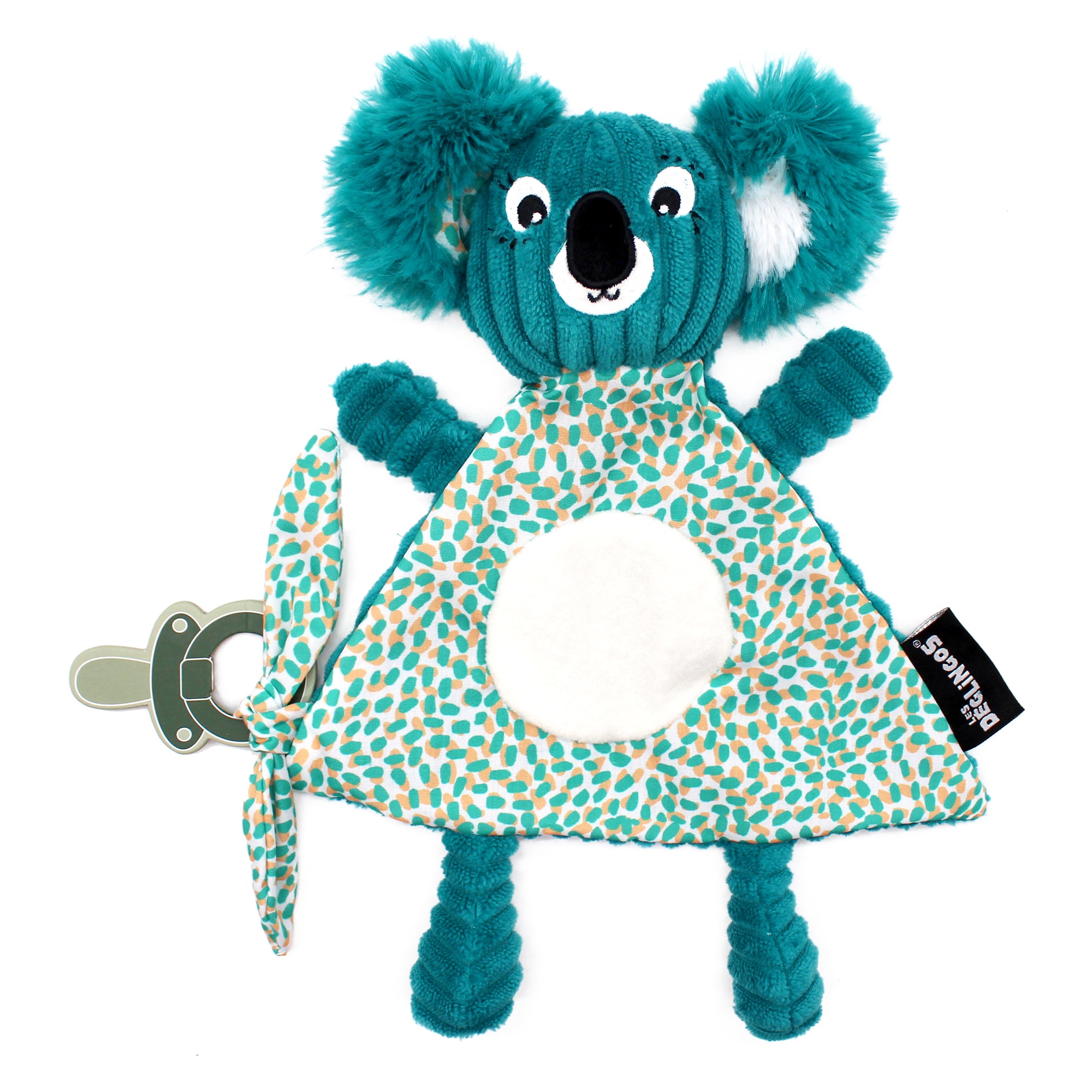 Doudou baby Berlingos le koala - Vue de face avec sucette - Les Déglingos