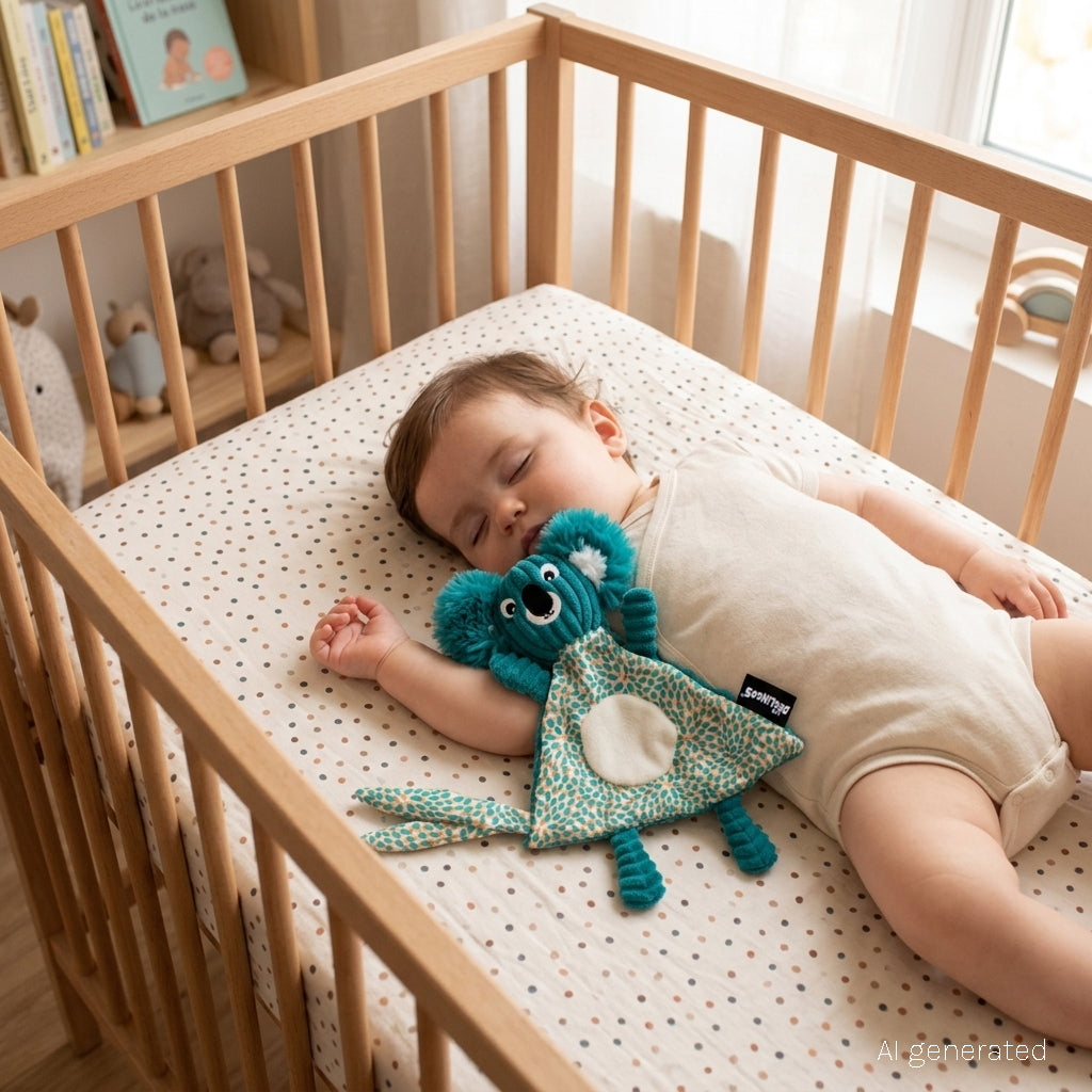 Doudou baby Berlingos le koala - Visuel d'ambiance d'un bébé dormant dans son lit avec le doudou - Les Déglingos