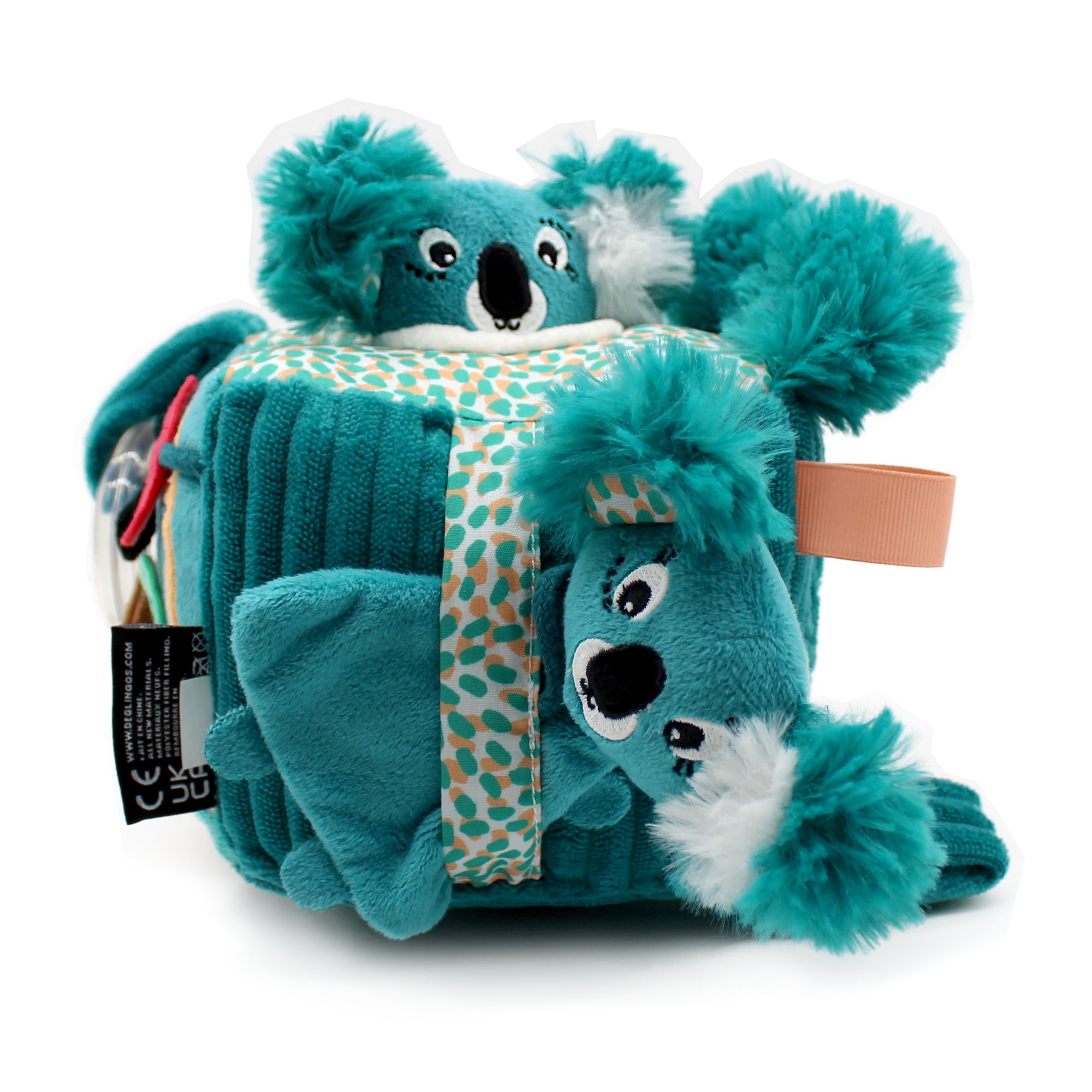 Cube d'activités Berlingos le koala - vue de la face avec petite peluche koala - Les Déglingos