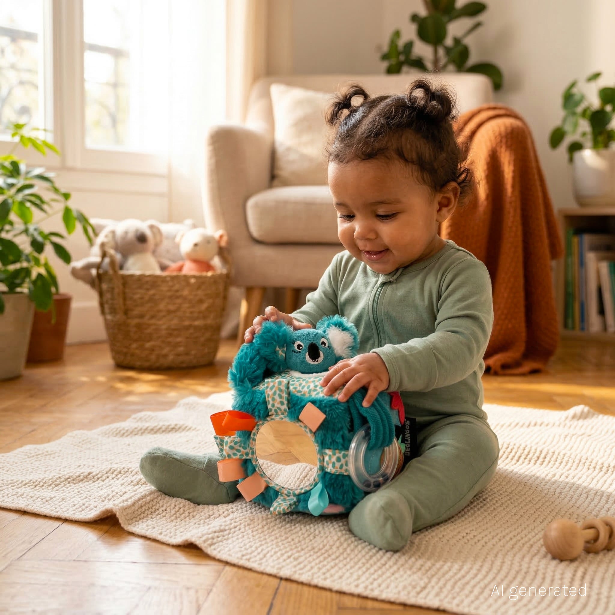 Cube d'activités Berlingos le koala - visuel d'ambiance d'un bébé de 8 mois en train de jouer avec le cube d'activités dans un salon cosy - Les Déglingos