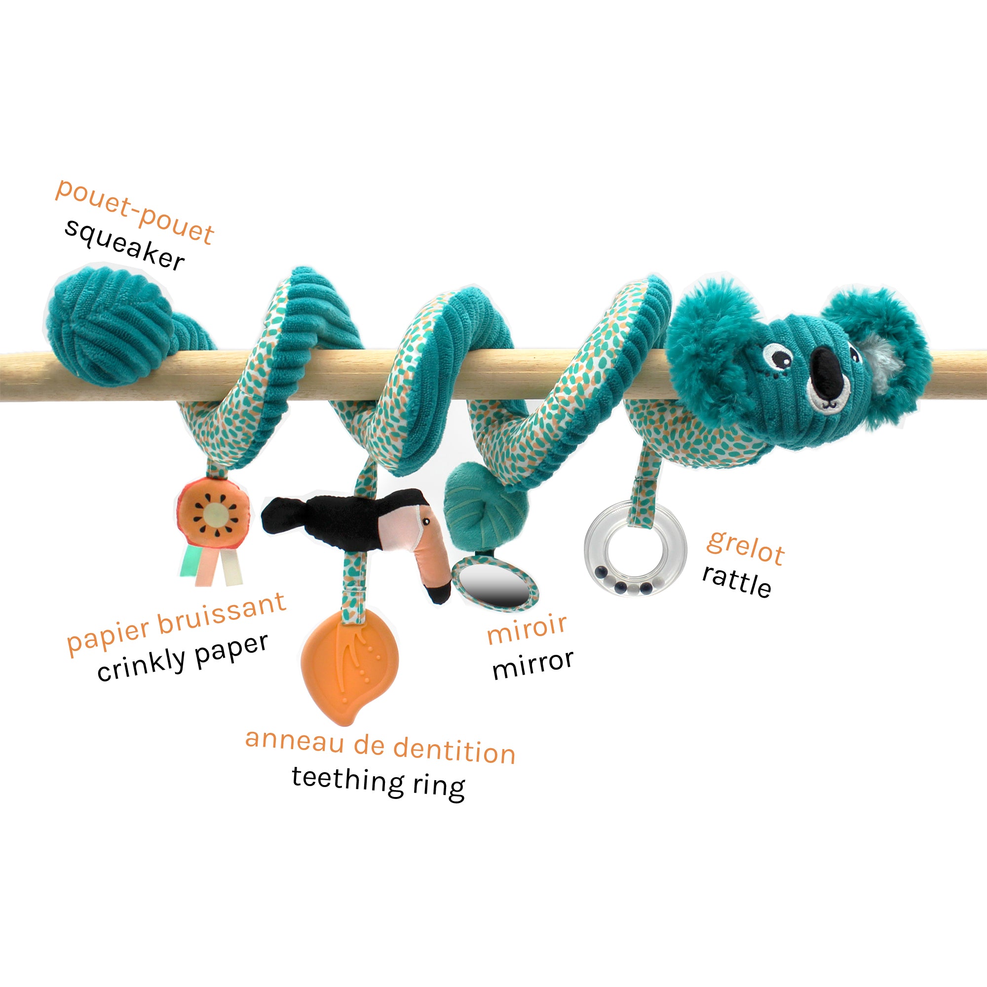 Spirale d'activités Berlingos le koala - vue de face de la spirale avec le nom des activités - Les Déglingos