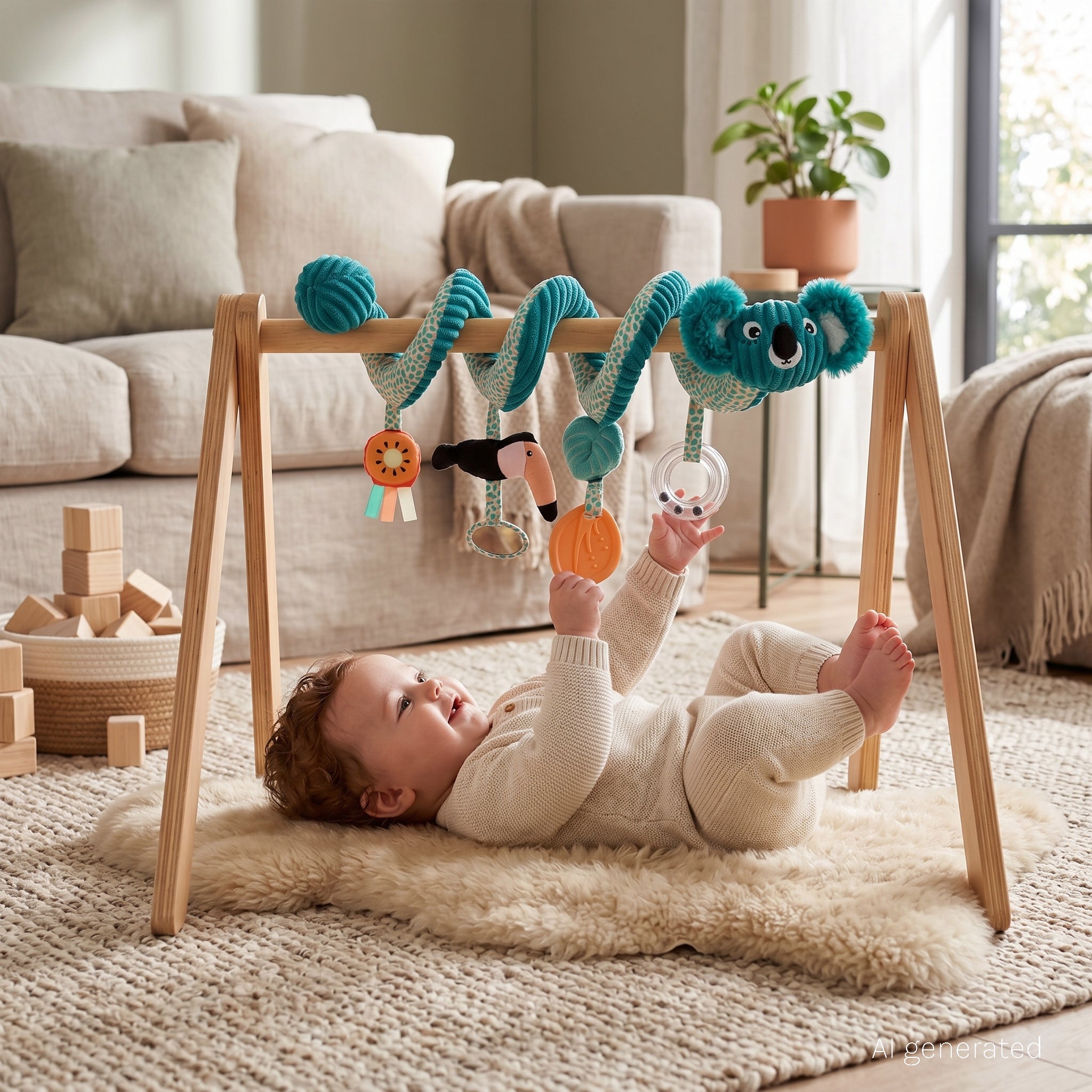 Spirale d'activités Berlingos le koala - visuel d'ambiance d'un bébé de 6 mois jouant avec la spirale koala accrochée à une arche de jeux - Les Déglingos