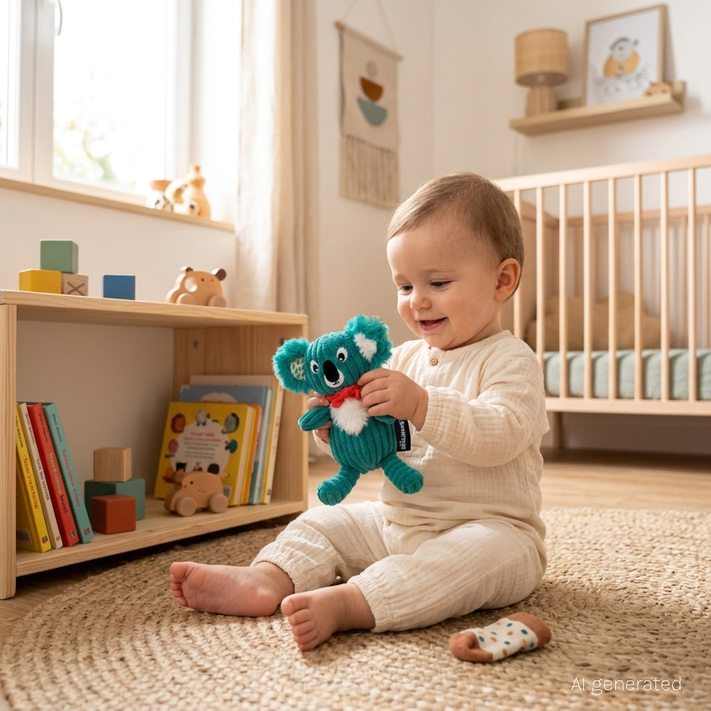Peluche avec boîte cadeau Petit Simply Berlingos le koala - Visuel d'ambiance d'un bébé tenant la peluche dans sa chambre - Les Déglingos