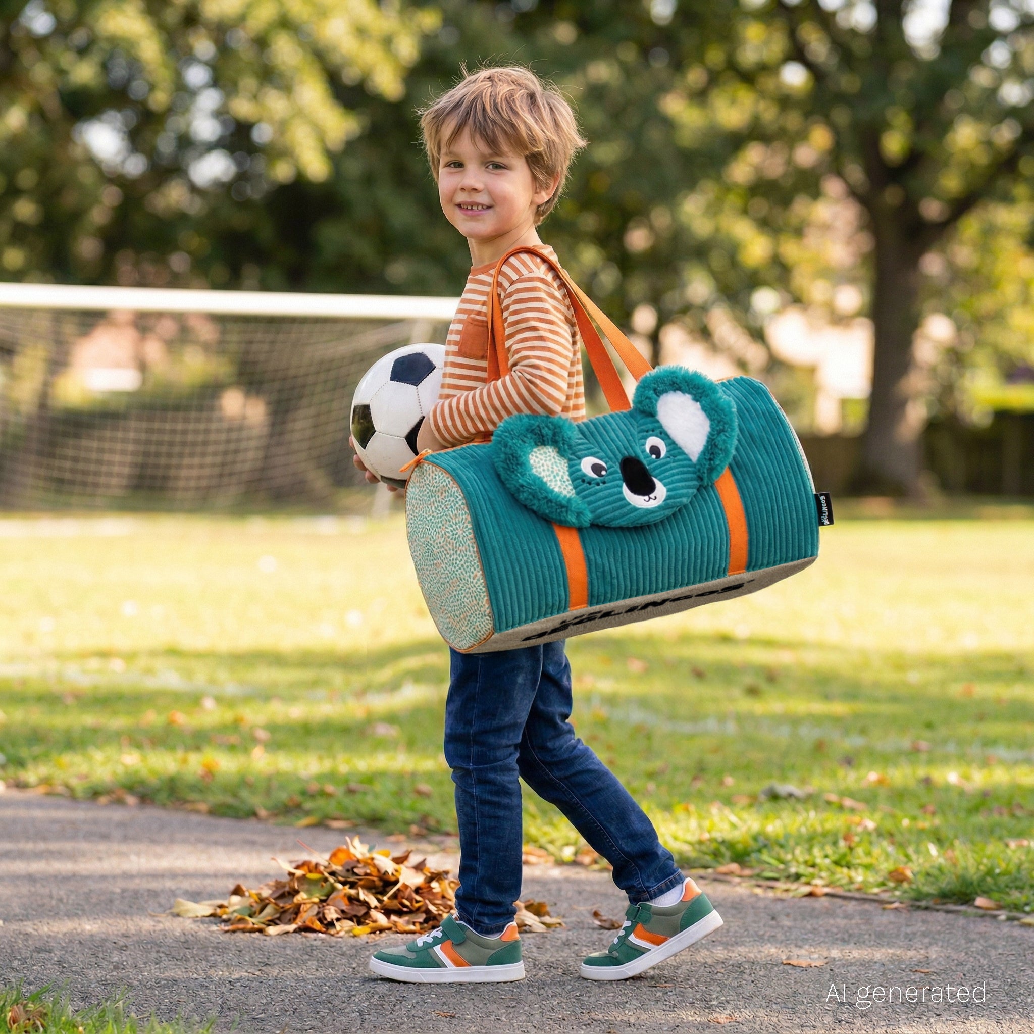 Sac weekend Berlingos le koala - visuel d'ambiance d'un garçon de 7 ans portant le sac weekend pour se rendre à son sport. Il porte un ballon de foot dans les mains - Les Déglingos