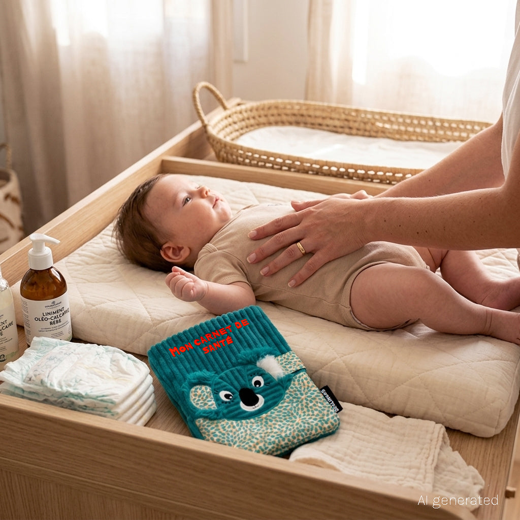 Protège carnet de santé Berlingos le koala - visuel d'ambiance d'un bébé sur sa table à langer avec le protège carnet de santé à ses côtés - Les Déglingos