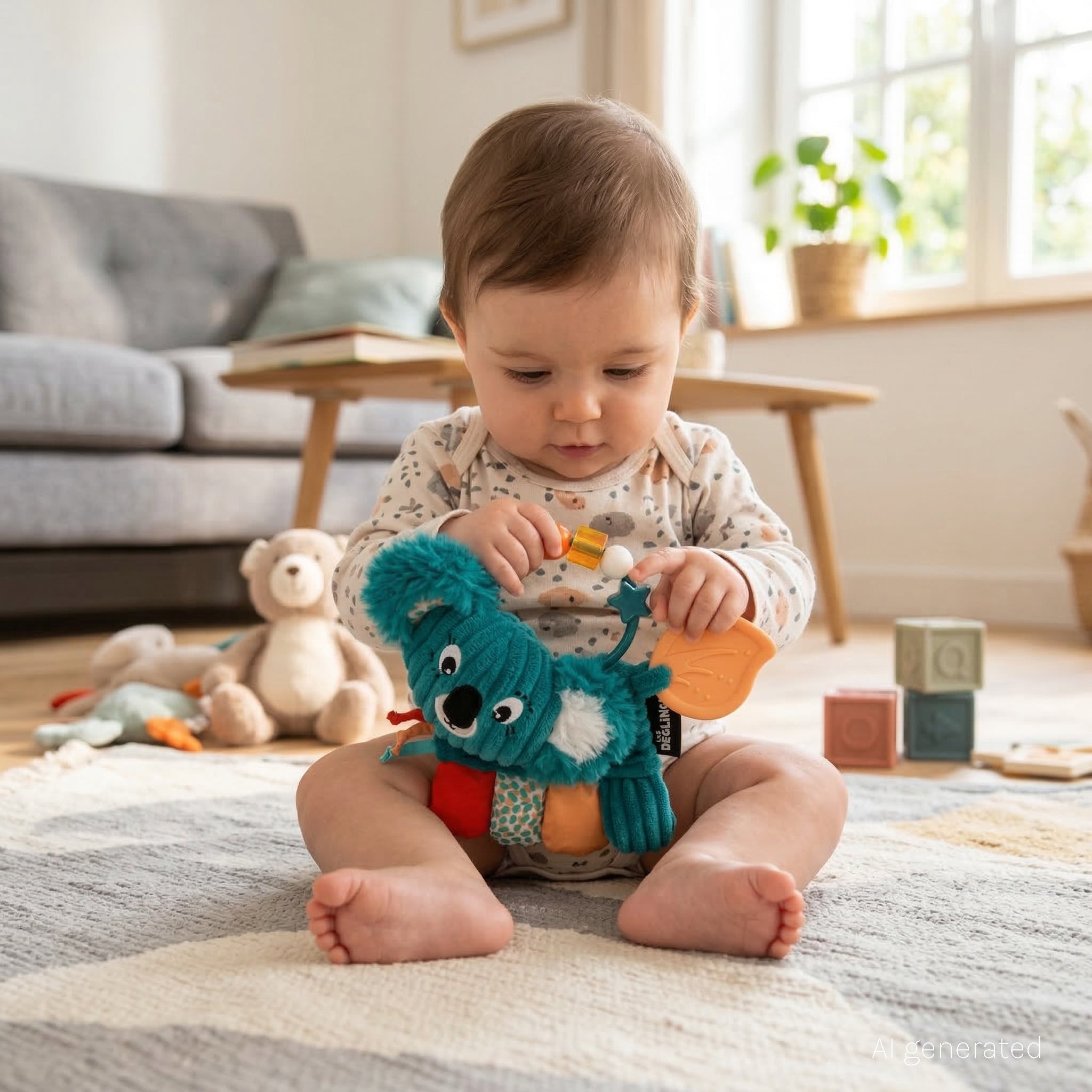 Hochet d'activités Berlingos le koala - visuel d'ambiance d'un bébé dans un salon en train de jouer avec le hochet d'activités - Les Déglingos