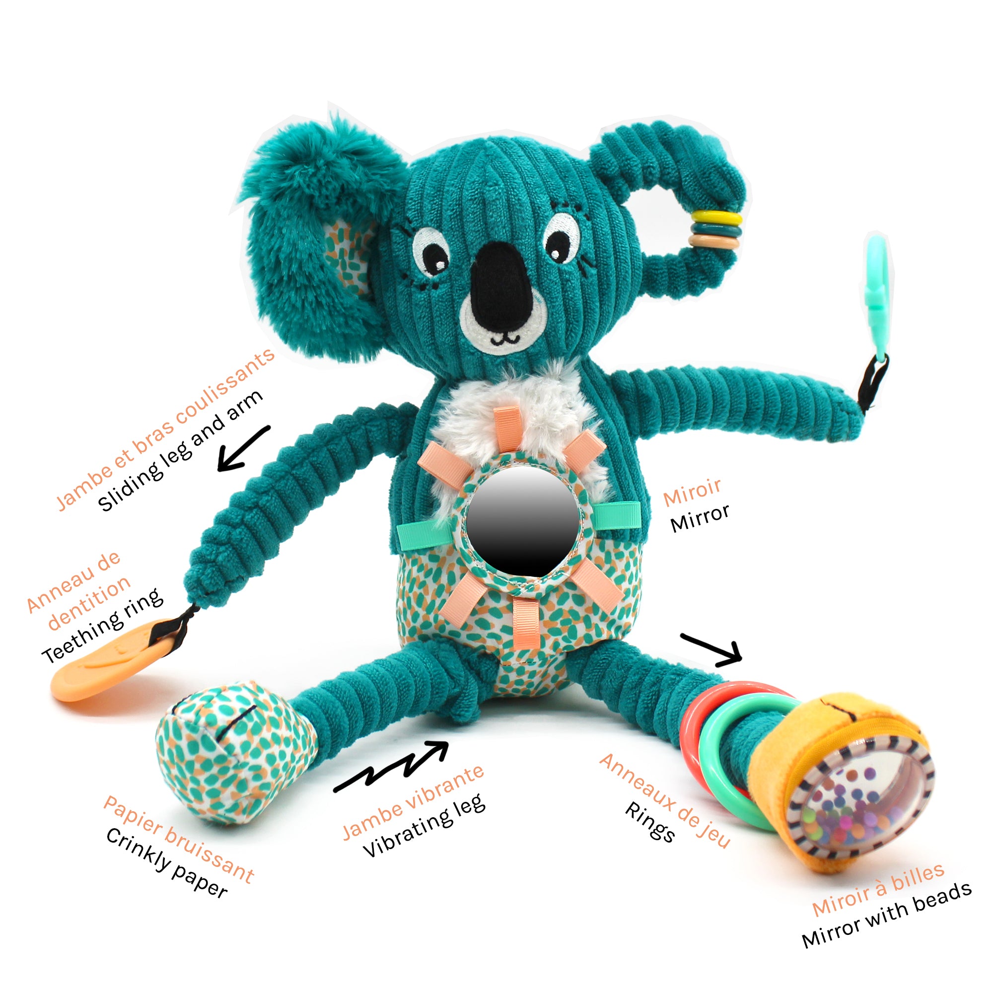 Peluche d'activités nomade Berlingos le koala - vue de face de la peluche nomade avec nom des activités - Les Déglingos