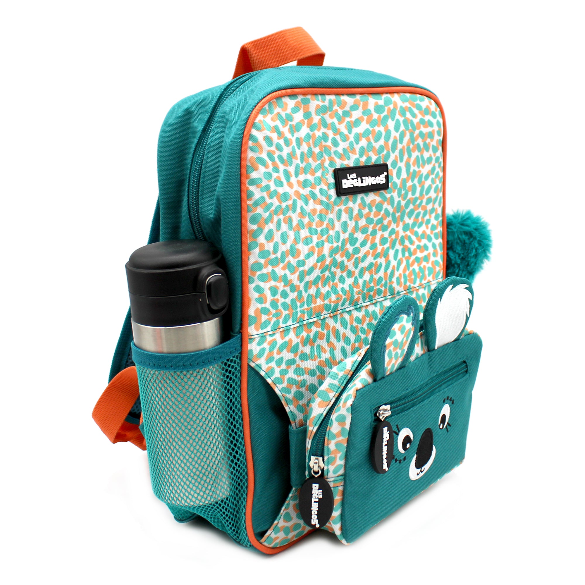 Sac à dos 2 en 1 avec sac banane amovible Berlingos le koala - vue de biais du sac à dos avec la banane et une petite gourde dans le filet latéral dédié - Les Déglingos