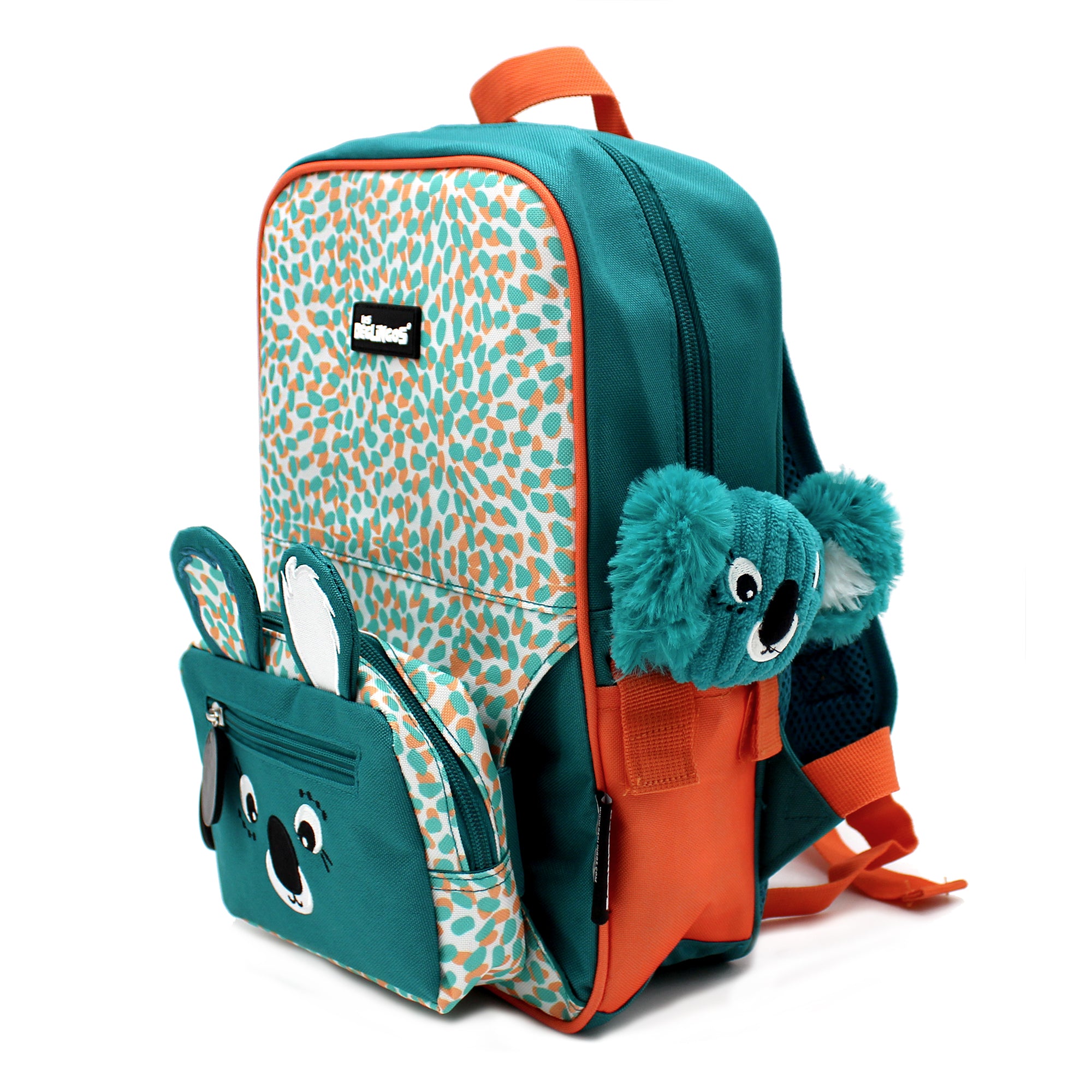 Sac à dos 2 en 1 avec sac banane amovible Berlingos le koala - vue de biais du sac à dos avec la banane et un doudou dans une petite poche latérale dédiée - Les Déglingos