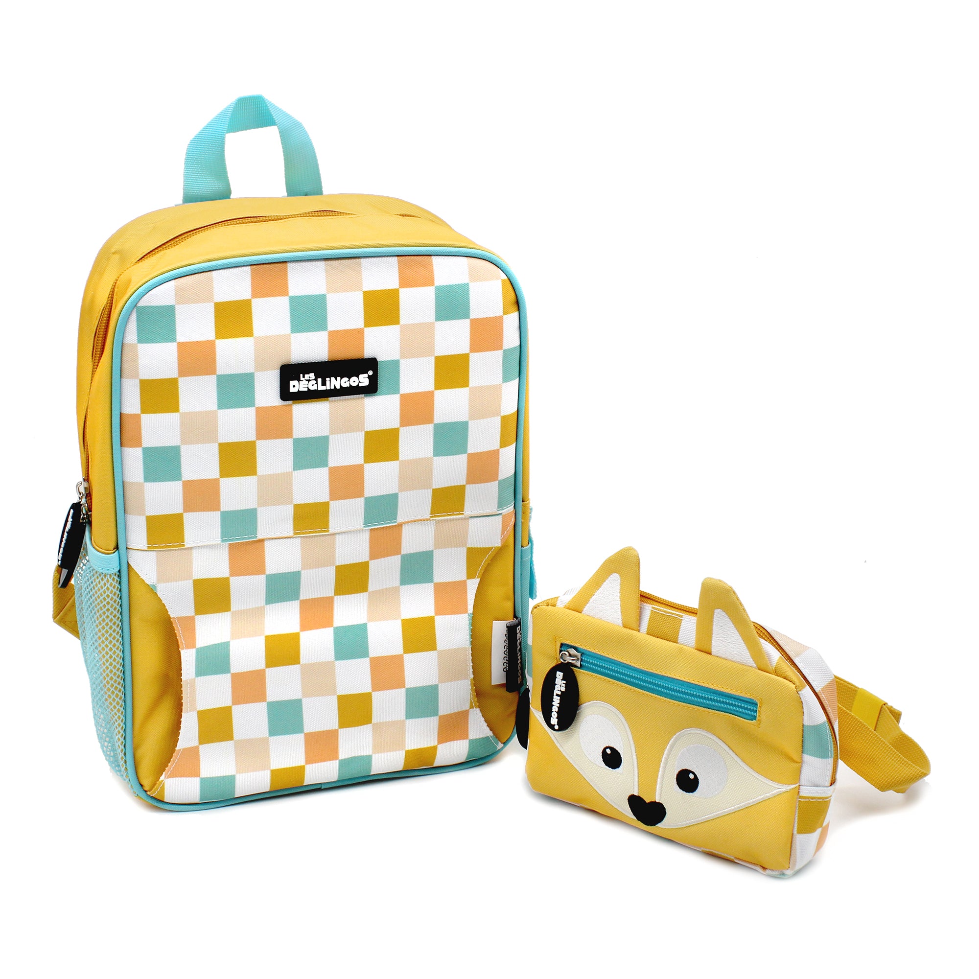 Sac à dos 2-en-1 avec sac banane amovible Cyranos le renard - Vue de face du sac à dos avec la banane détachée  - Les Déglingos