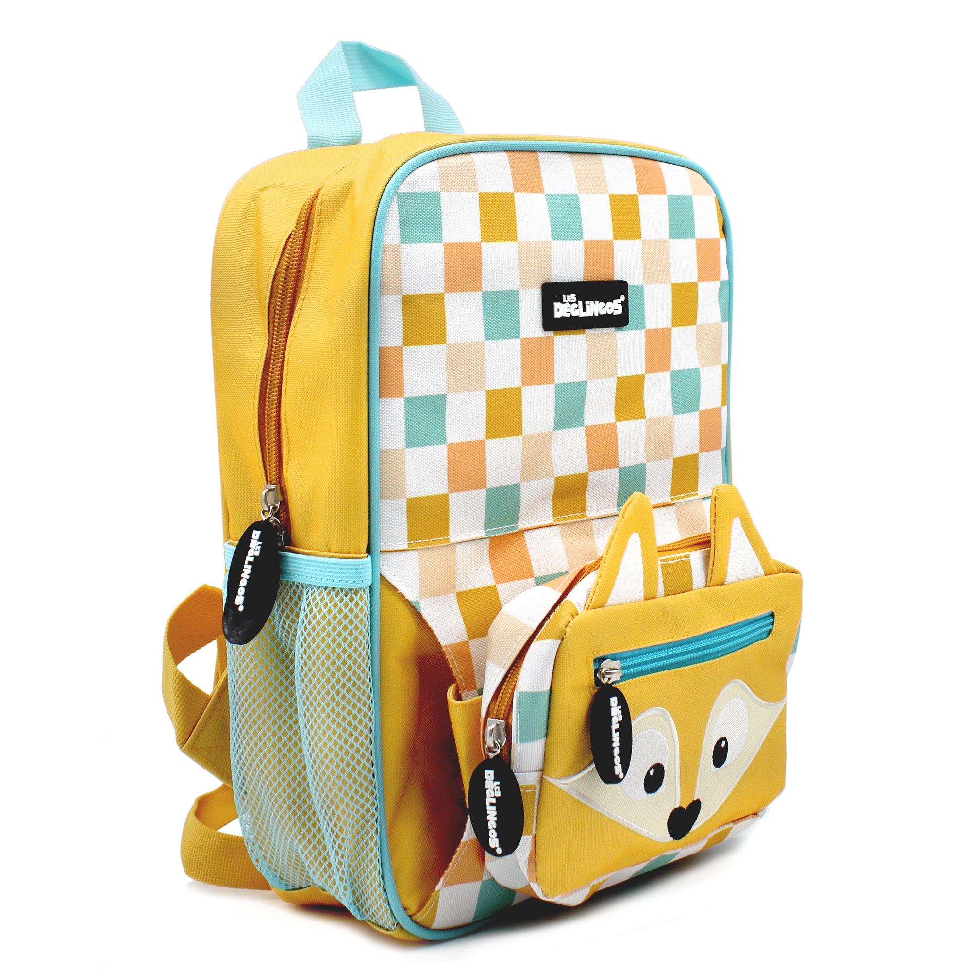 Sac à dos 2-en-1 avec sac banane amovible Cyranos le renard - Vue du côté du sac à dos avec le filet - Les Déglingos