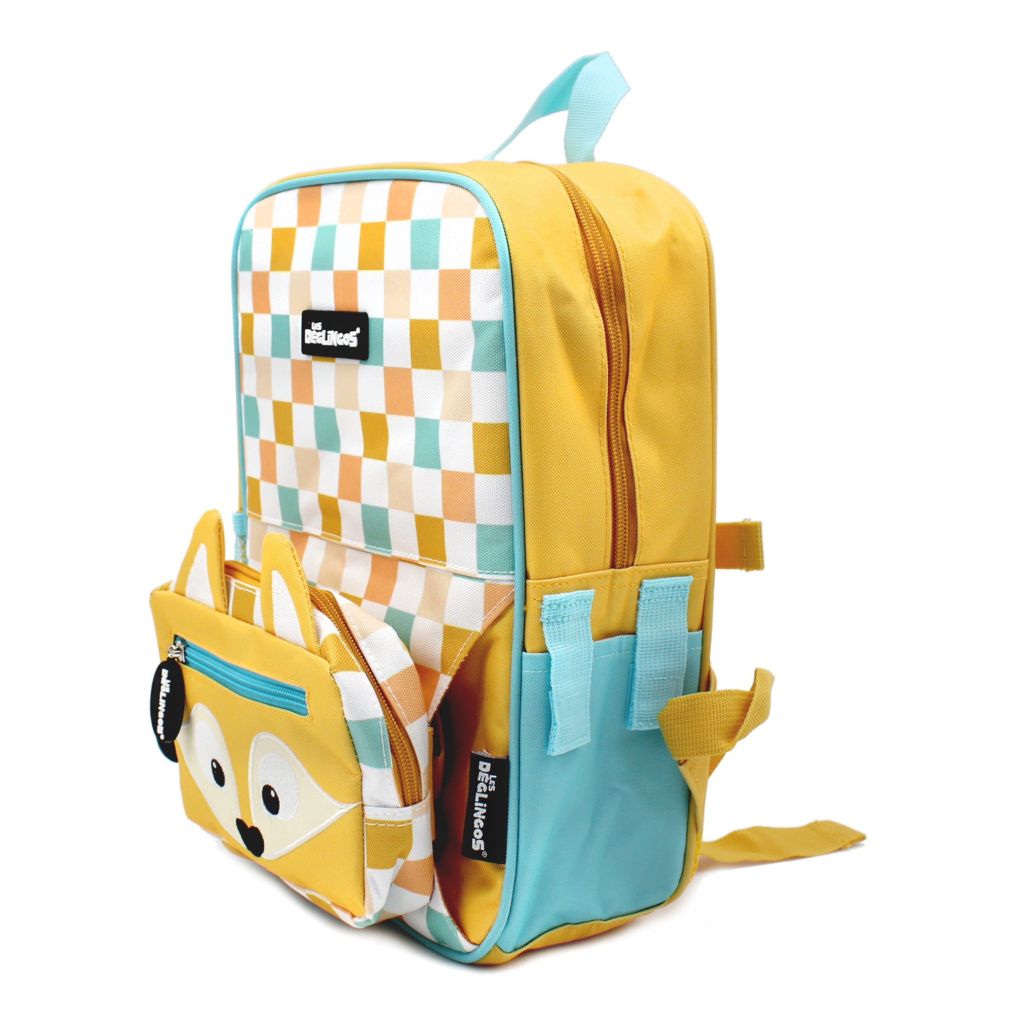 Sac à dos 2-en-1 avec sac banane amovible Cyranos le renard - Vue du côté du sac à dos avec la petite poche - Les Déglingos