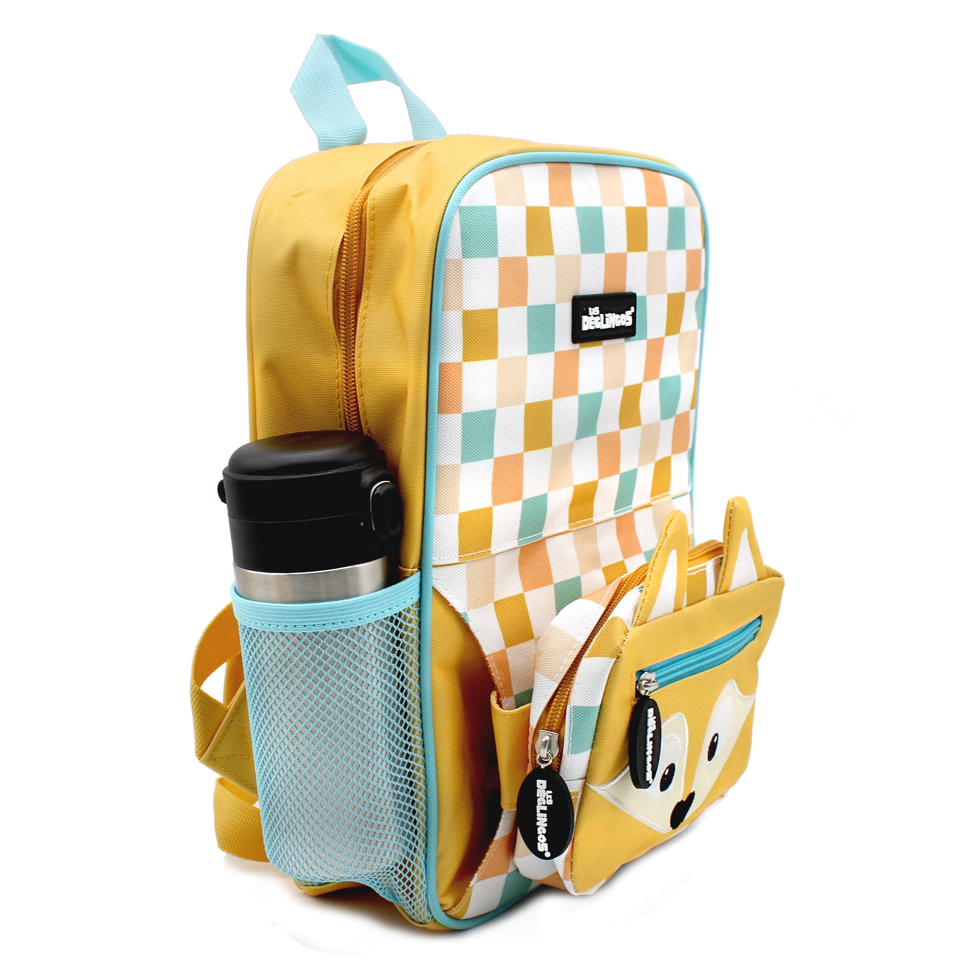 Sac à dos 2-en-1 avec sac banane amovible Cyranos le renard - Vue du côté du sac à dos avec une gourde - Les Déglingos