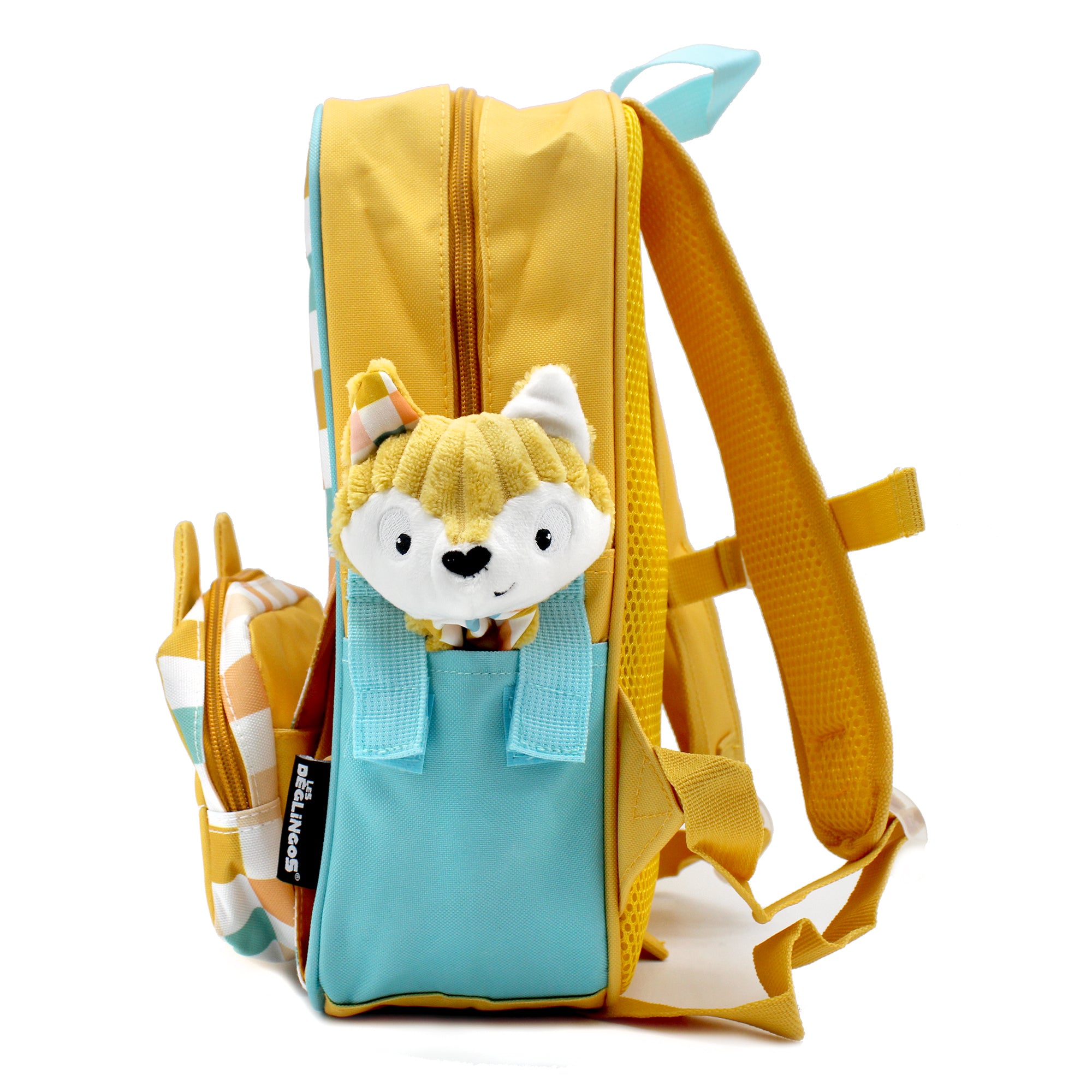 Sac à dos 2-en-1 avec sac banane amovible Cyranos le renard - Vue du côté du sac à dos avec un doudou baby - Les Déglingos